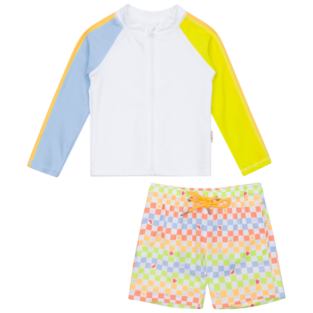 Boys Long Sleeve Zipper Rash Guard and Swim Trunk Set | 
