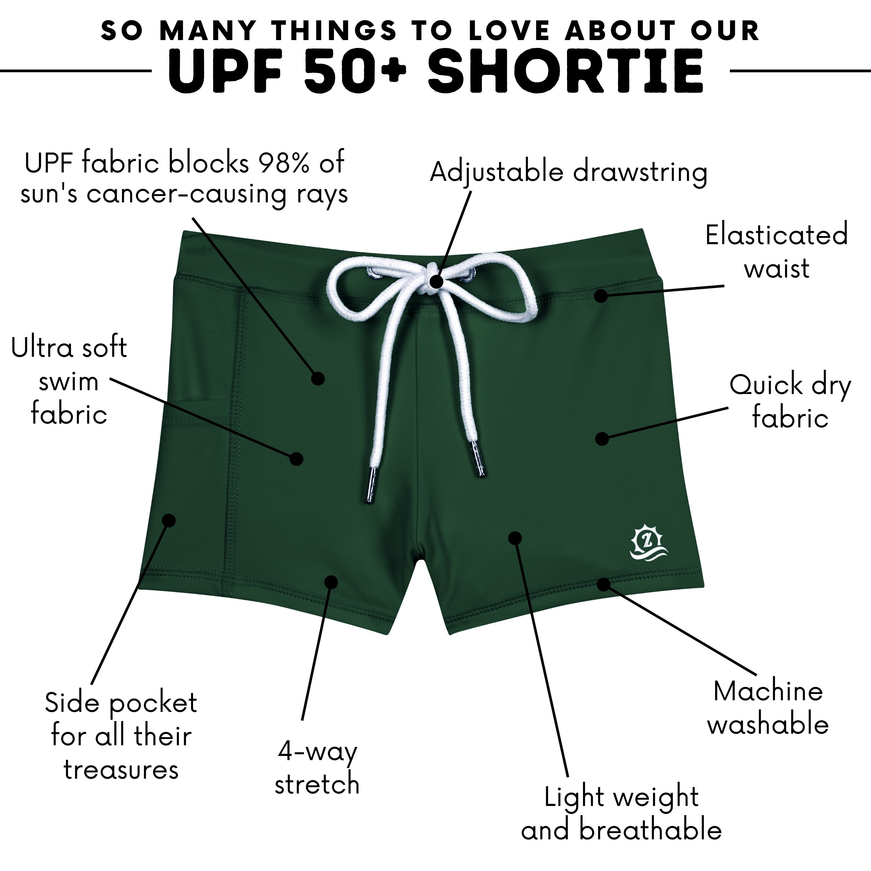Kids Euro Swim Shorties | "Hunter Green"-SwimZip UPF 50+ Sun Protective Swimwear & UV Zipper Rash Guards-pos3