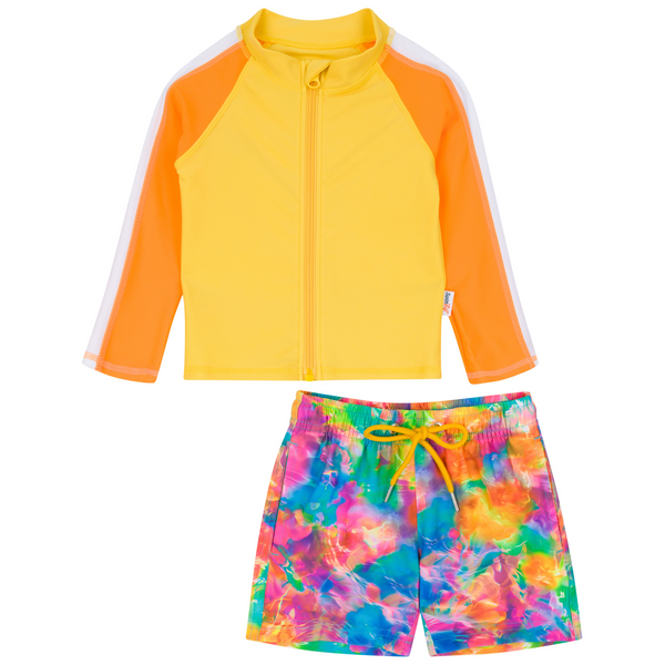 Boys Long Sleeve Zipper Rash Guard and Swim Trunk Set | 