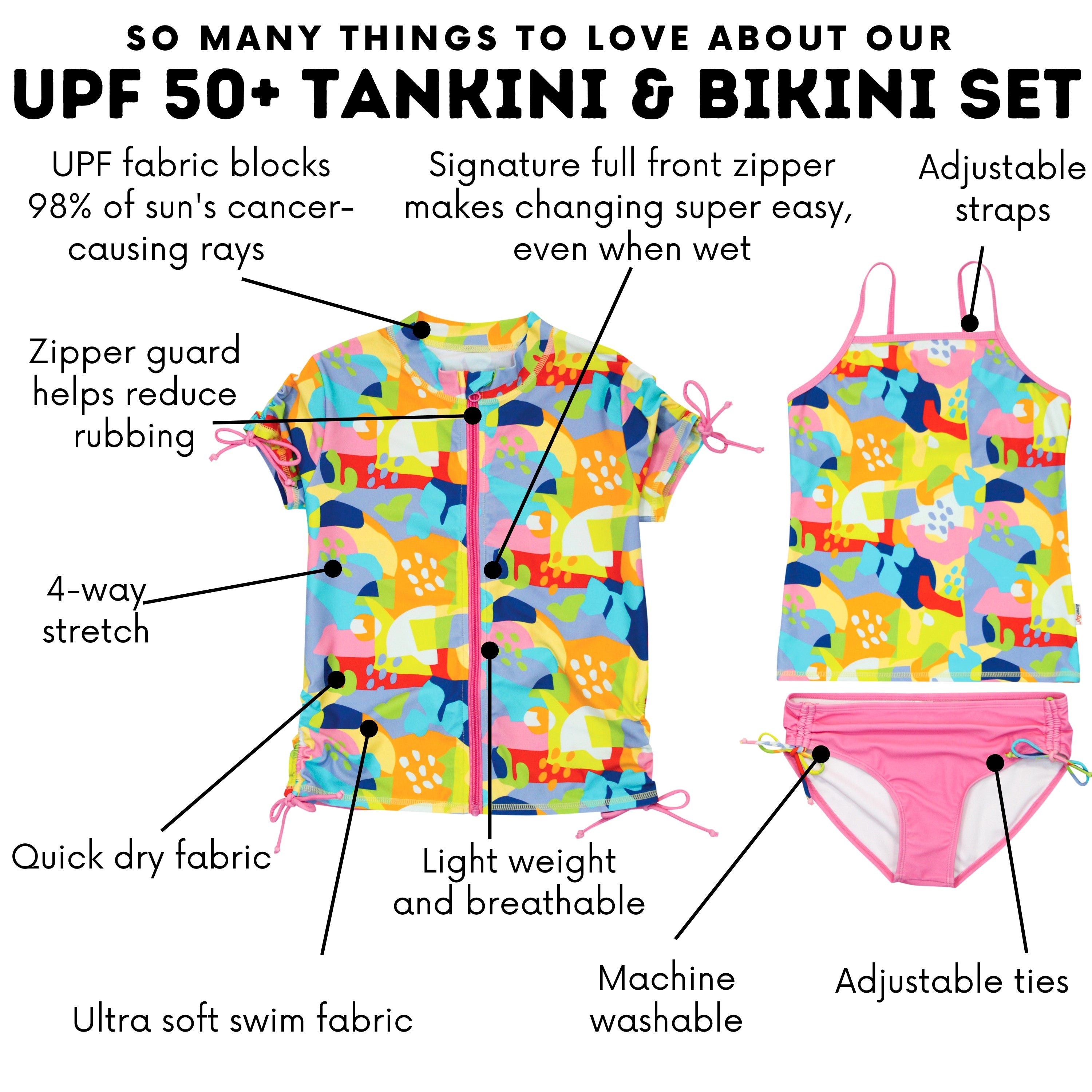 Girls Short Sleeve Rash Guard + Tankini Bikini Set (3 Piece) | "Joyful”-SwimZip UPF 50+ Sun Protective Swimwear & UV Zipper Rash Guards-pos4