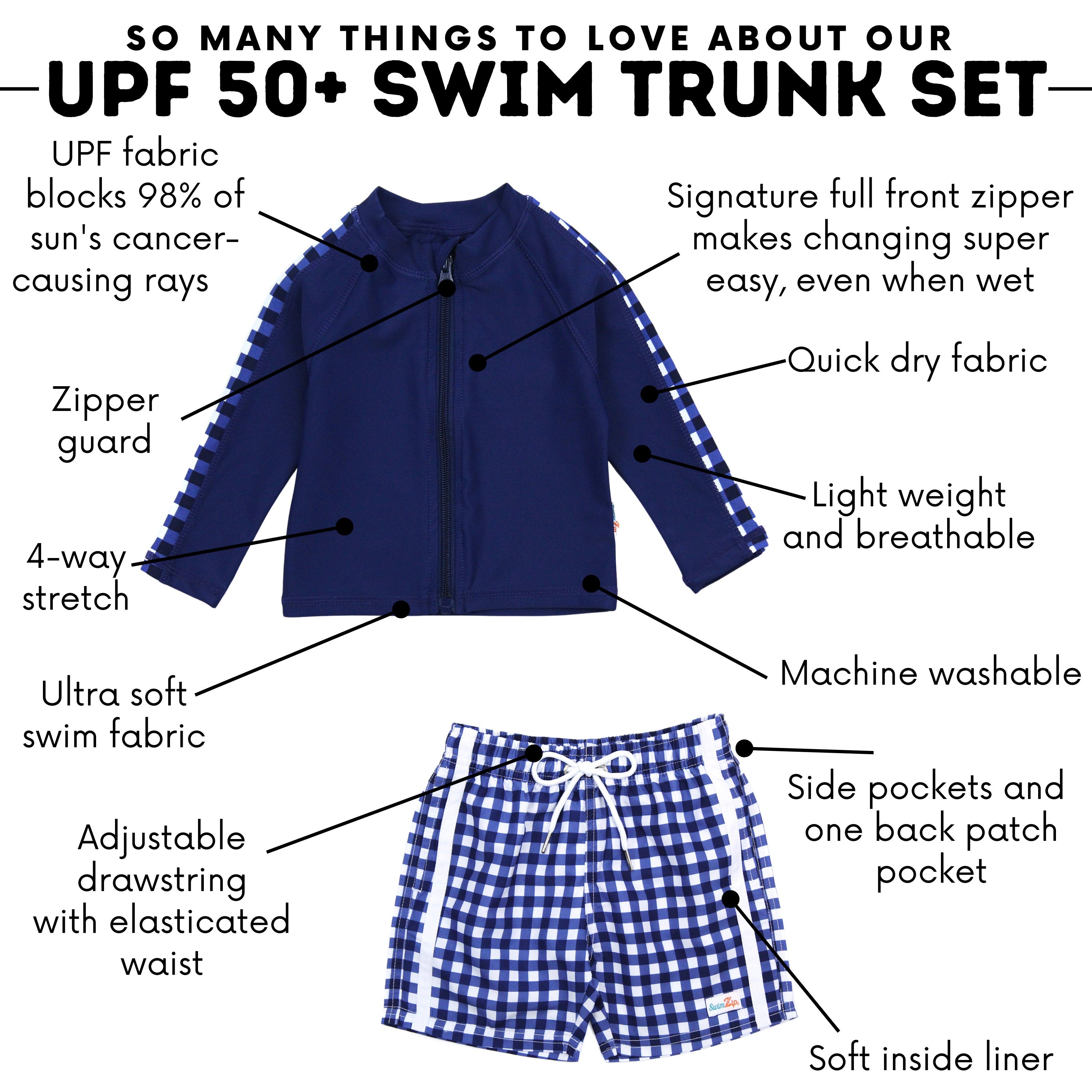 Boys Long Sleeve Zipper Rash Guard and Swim Trunk Set | "Navy Gingham"-SwimZip UPF 50+ Sun Protective Swimwear & UV Zipper Rash Guards-pos4