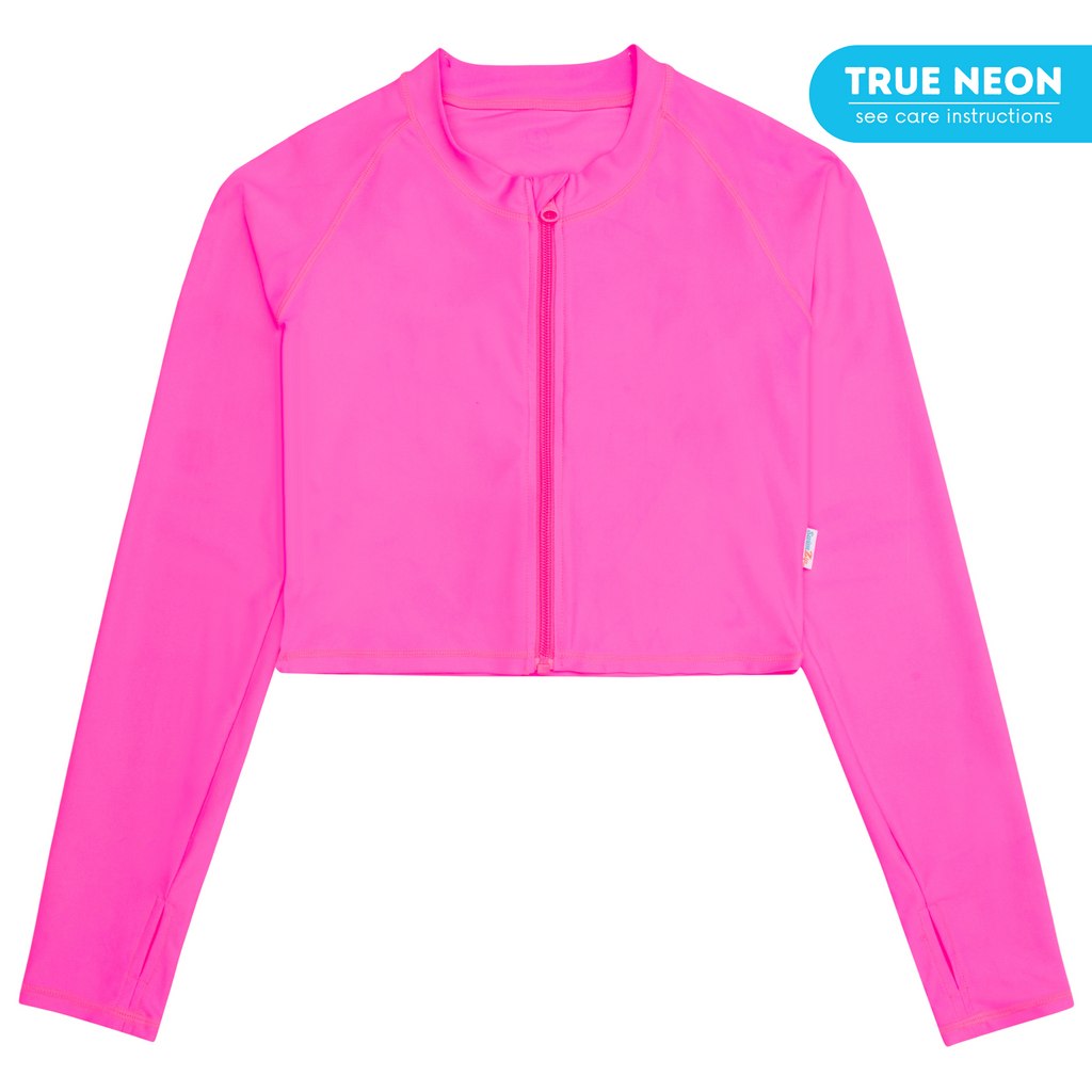 新品　rosy monster neoprene flare swim tops Women's Long Sleeve Crop Rash Guard | “Neon Pink”