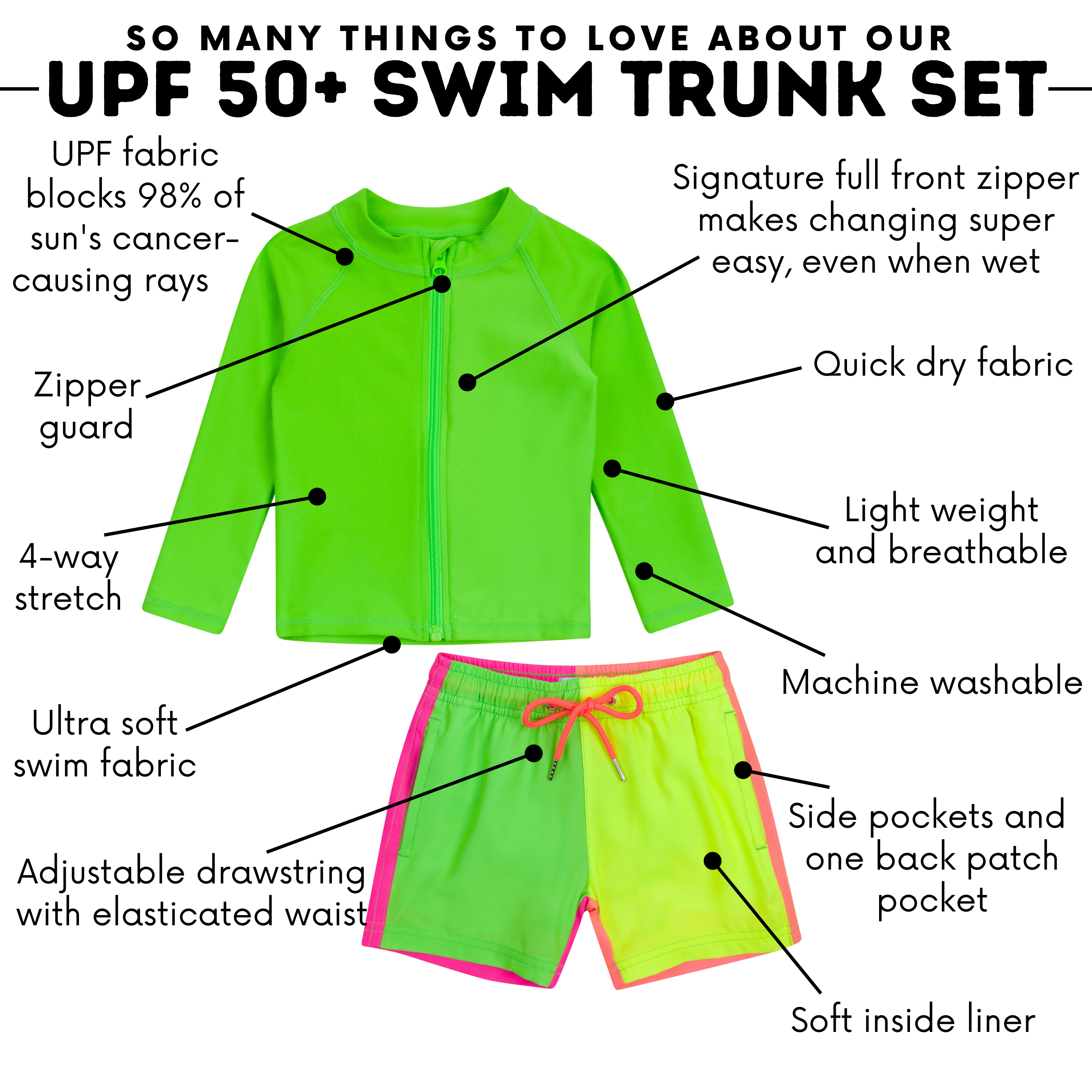 Boys Long Sleeve Zipper Rash Guard and Swim Trunk Set | "Neon Sunrise"-SwimZip UPF 50+ Sun Protective Swimwear & UV Zipper Rash Guards-pos4