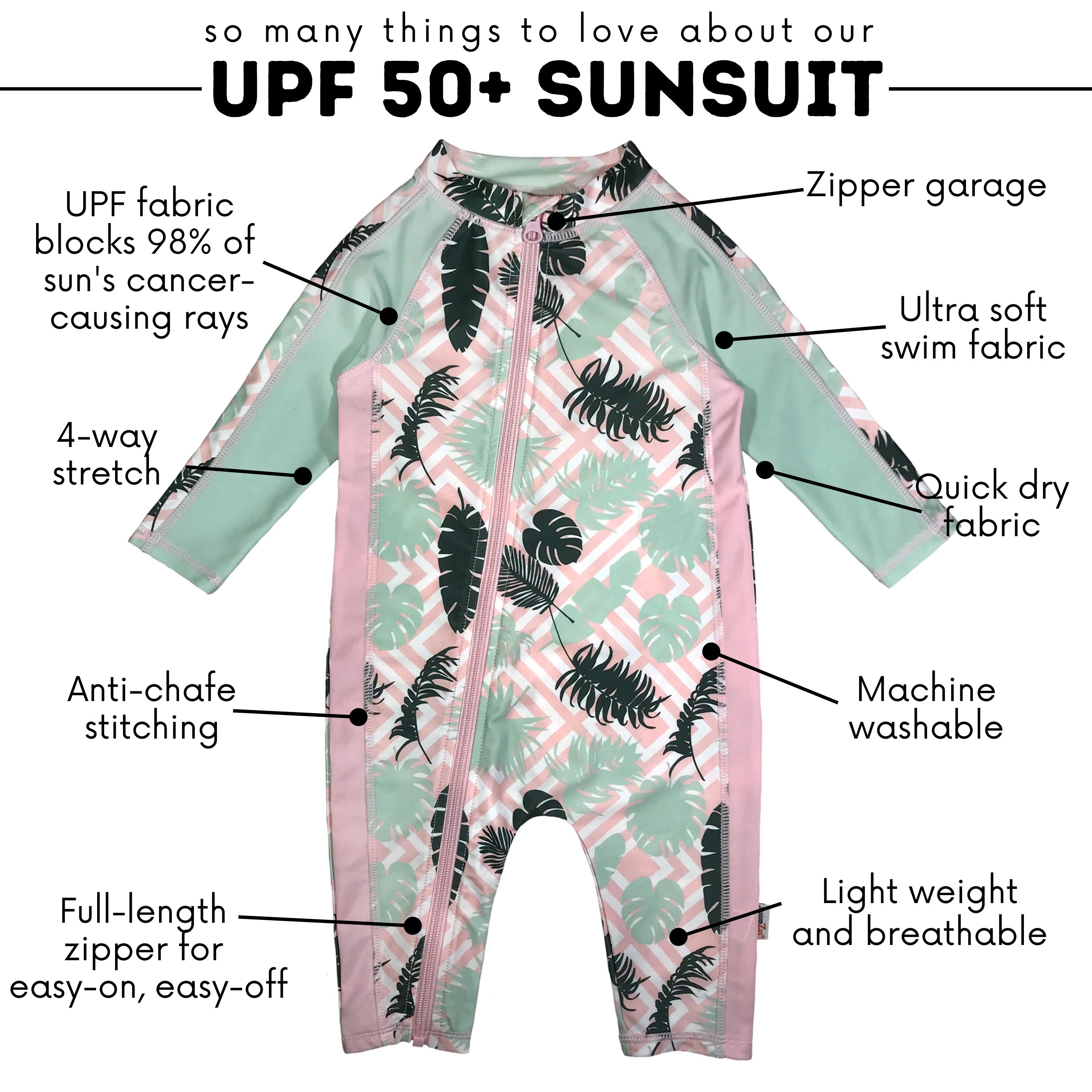 SwimZip Girl's Long Sleeve Sunsuit One-Piece Romper - Palm Breeze