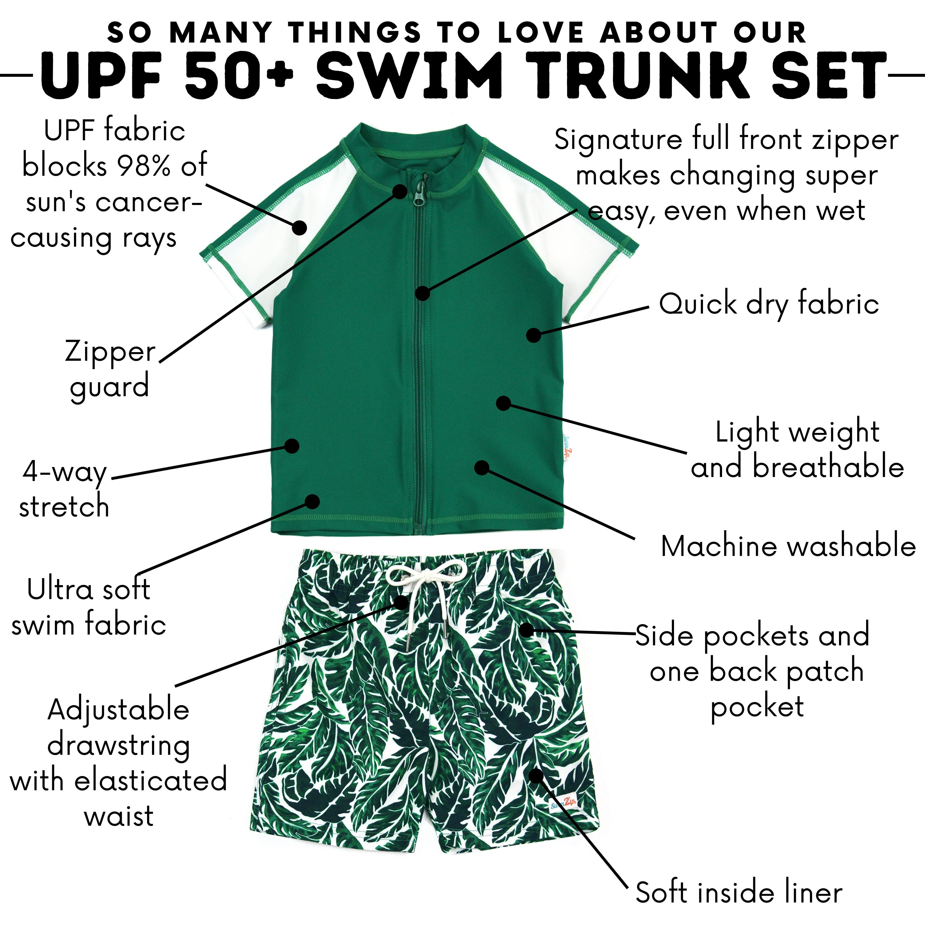 Boys Short Sleeve Zipper Rash Guard and Swim Trunk Set | "Palm Leaf"-SwimZip UPF 50+ Sun Protective Swimwear & UV Zipper Rash Guards-pos2