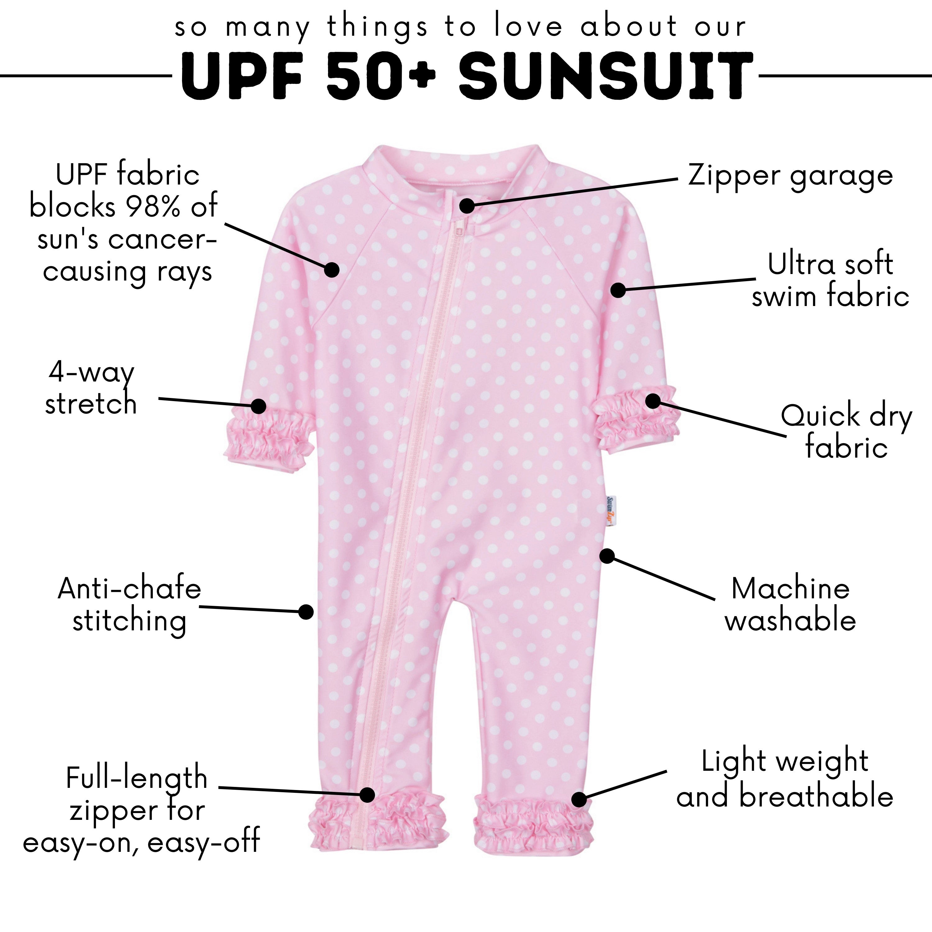 Sunsuit - Long Sleeve Romper Swimsuit | "Sassy Surfer" Pink Polka Dot-SwimZip UPF 50+ Sun Protective Swimwear & UV Zipper Rash Guards-pos4