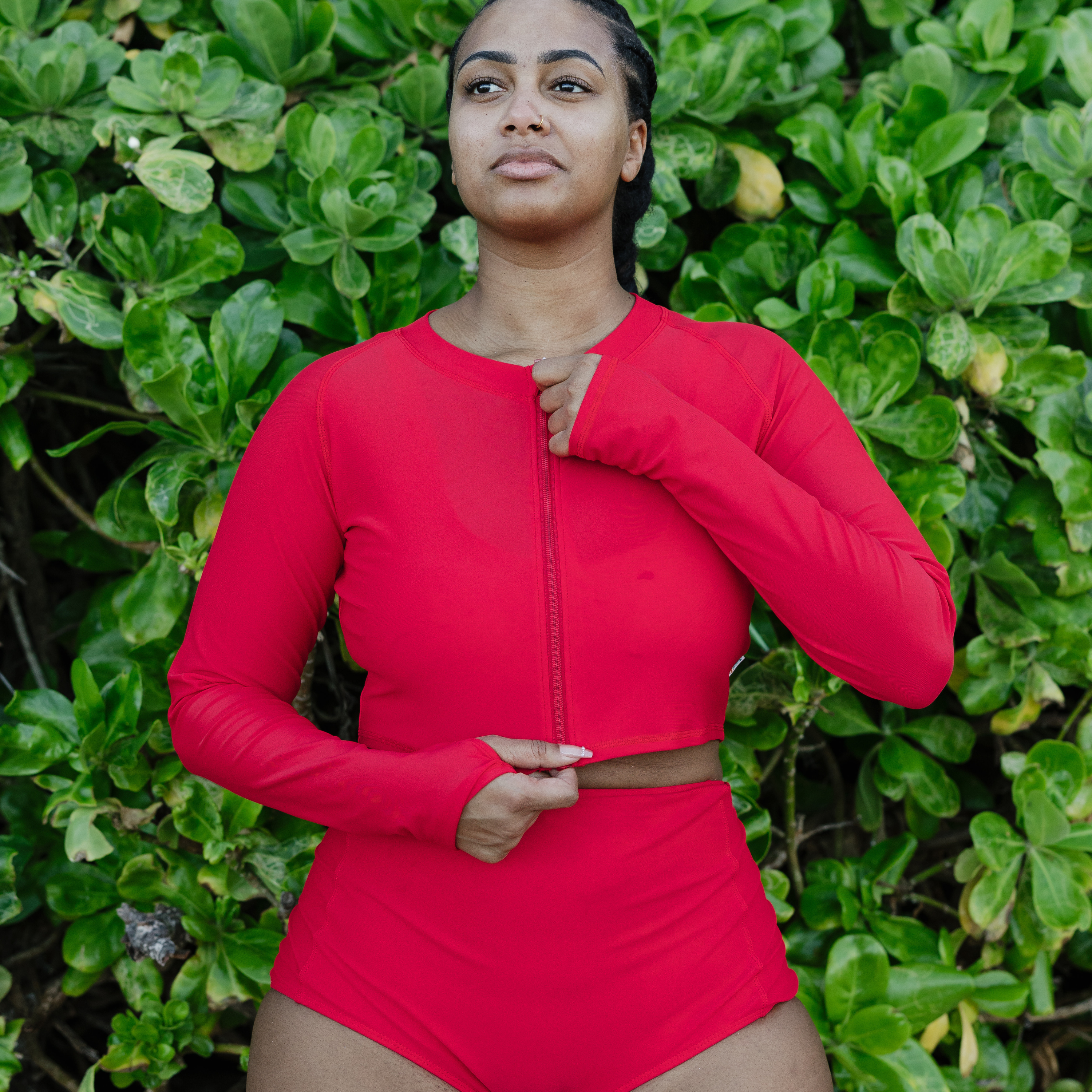 Women's Long Sleeve Crop Rash Guard | “Red"-SwimZip UPF 50+ Sun Protective Swimwear & UV Zipper Rash Guards-pos7