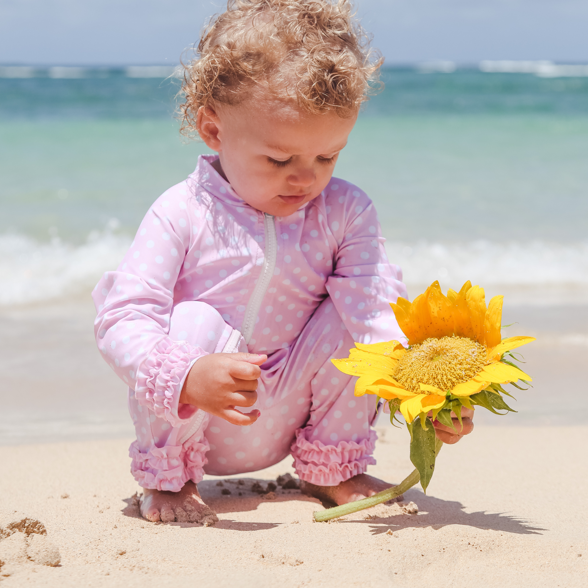 Sunsuit - Long Sleeve Romper Swimsuit | "Sassy Surfer" Pink Polka Dot-SwimZip UPF 50+ Sun Protective Swimwear & UV Zipper Rash Guards-pos2