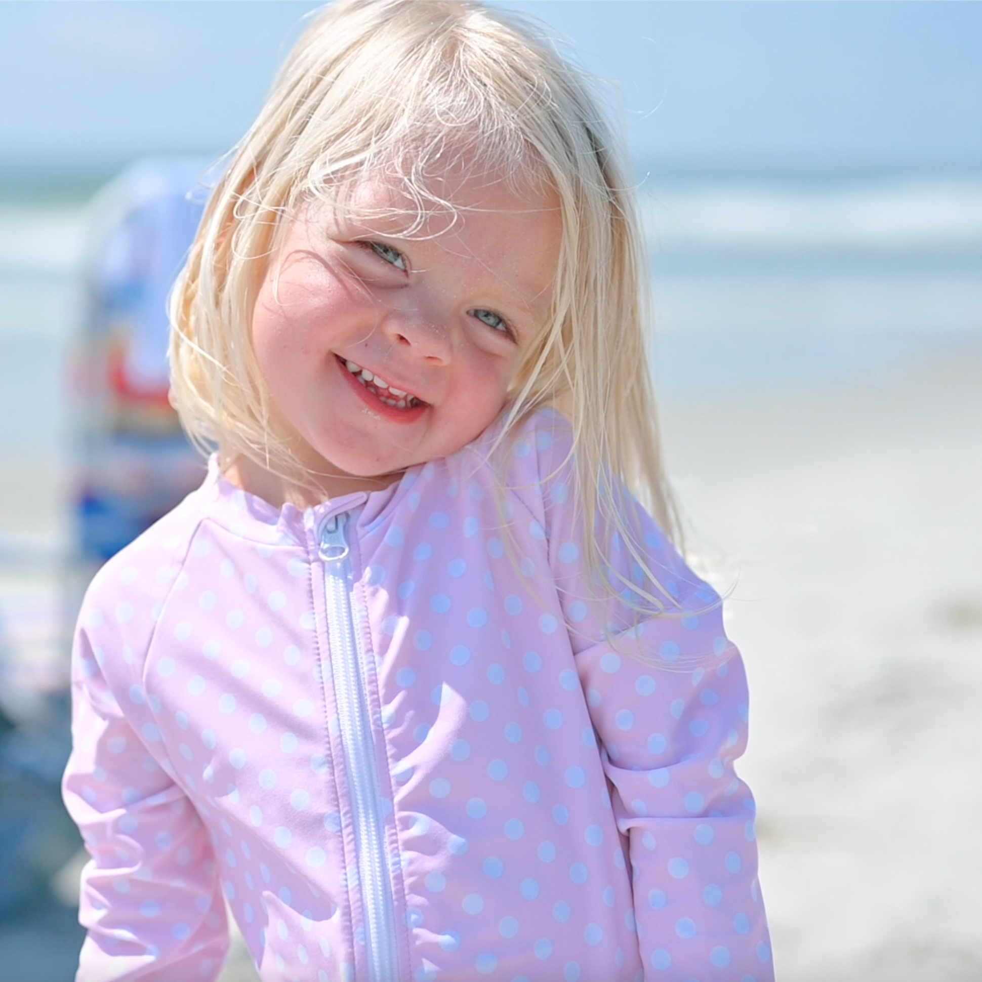 Sunsuit - Long Sleeve Romper Swimsuit | "Sassy Surfer" Pink Polka Dot-SwimZip UPF 50+ Sun Protective Swimwear & UV Zipper Rash Guards-pos3