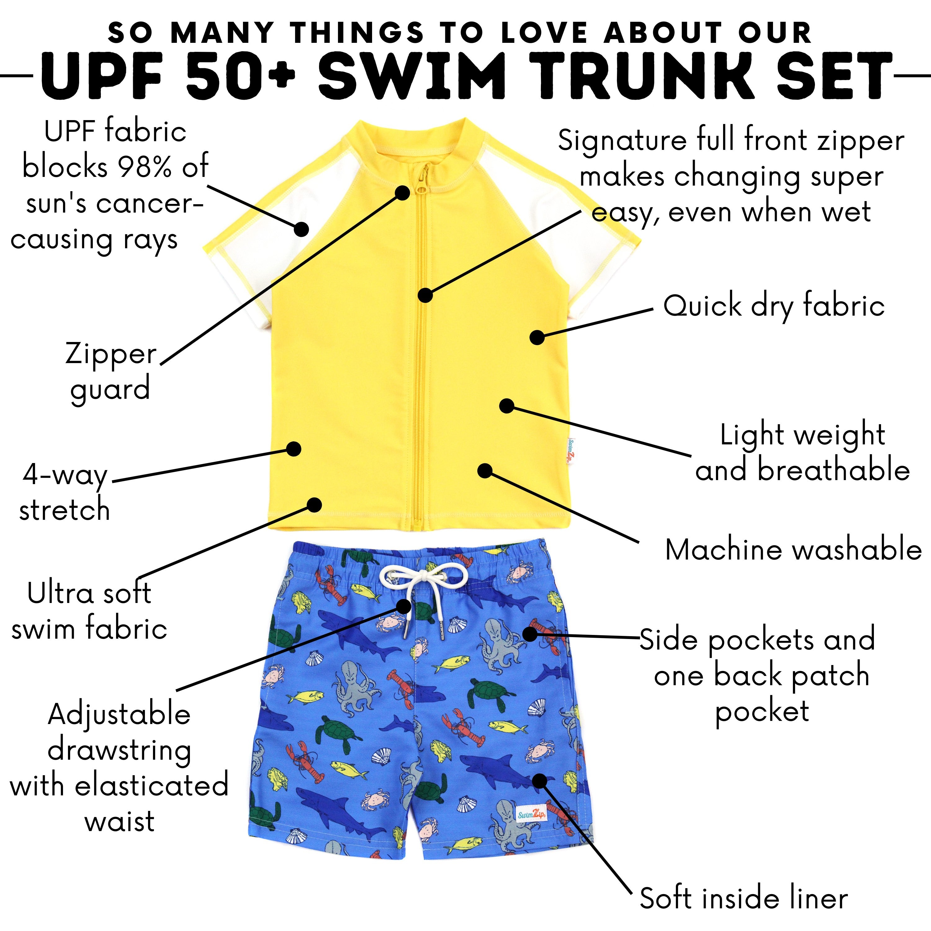 SwimZip Boy's Short Sleeve Rash Guard & Swim Trunks - Sea Animal Blue