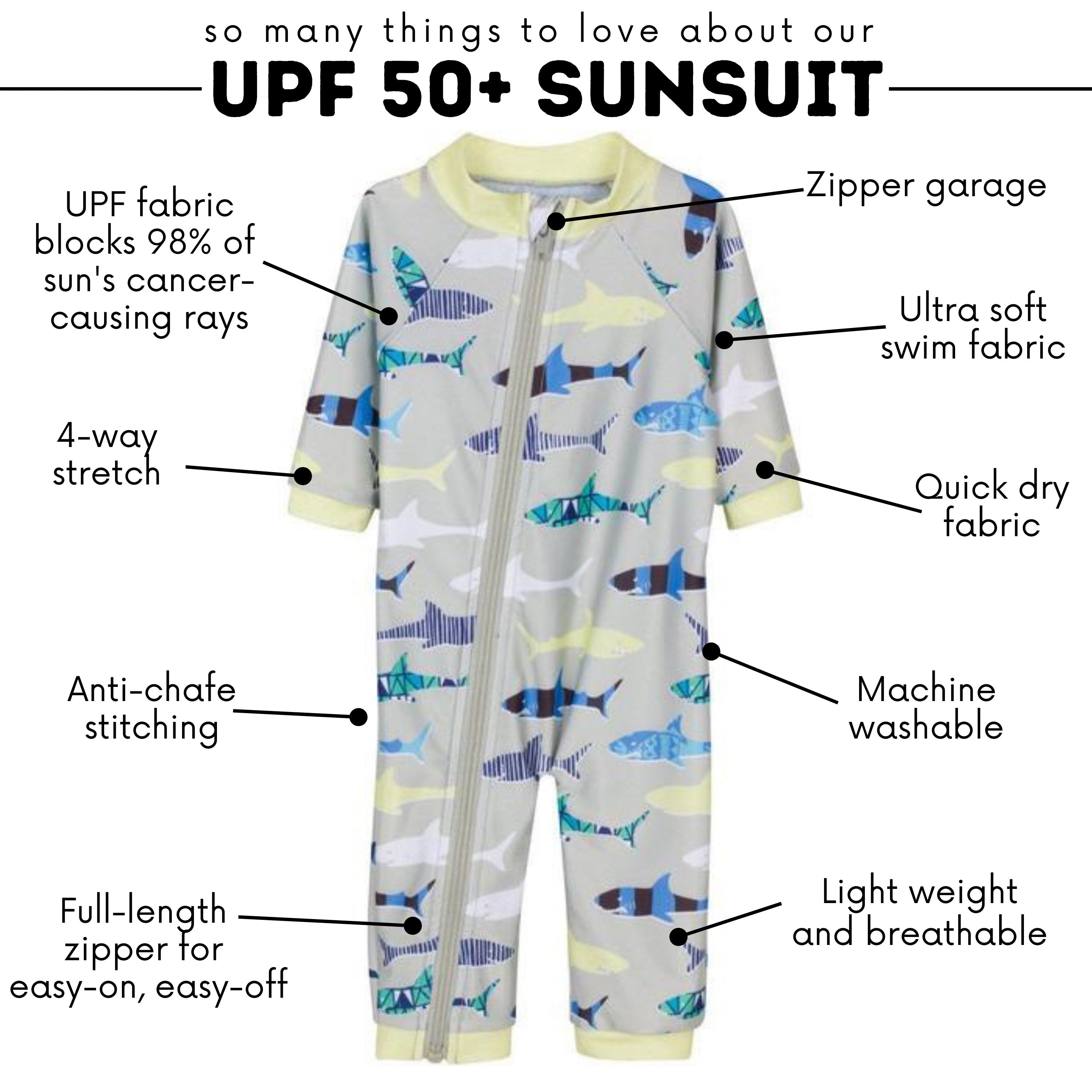 SwimZip Boy's Long Sleeve Sunsuit One-Piece Romper - Shark Feast Gray