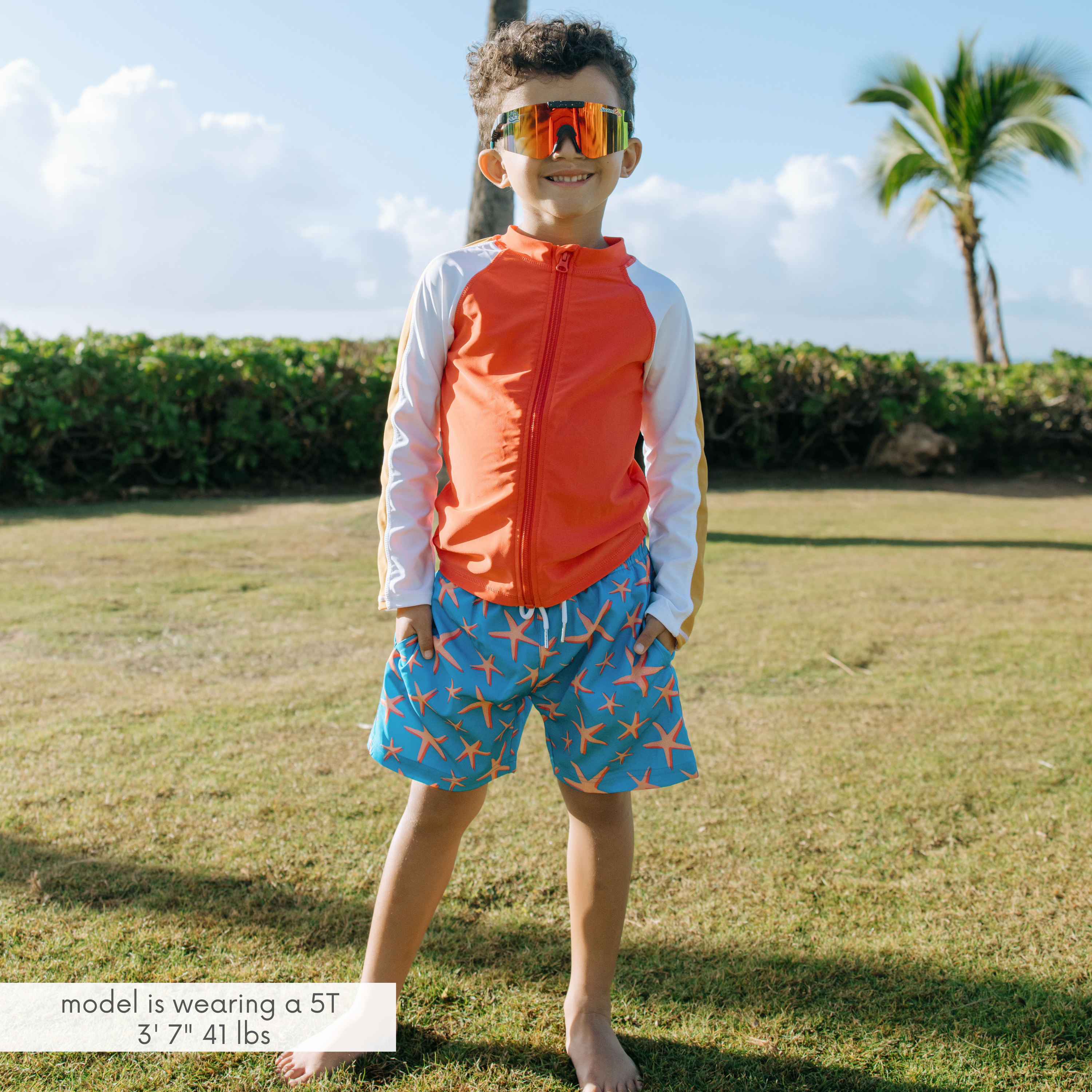 Boys Long Sleeve Zipper Rash Guard and Swim Trunk Set | "Starfish"-SwimZip UPF 50+ Sun Protective Swimwear & UV Zipper Rash Guards-pos2