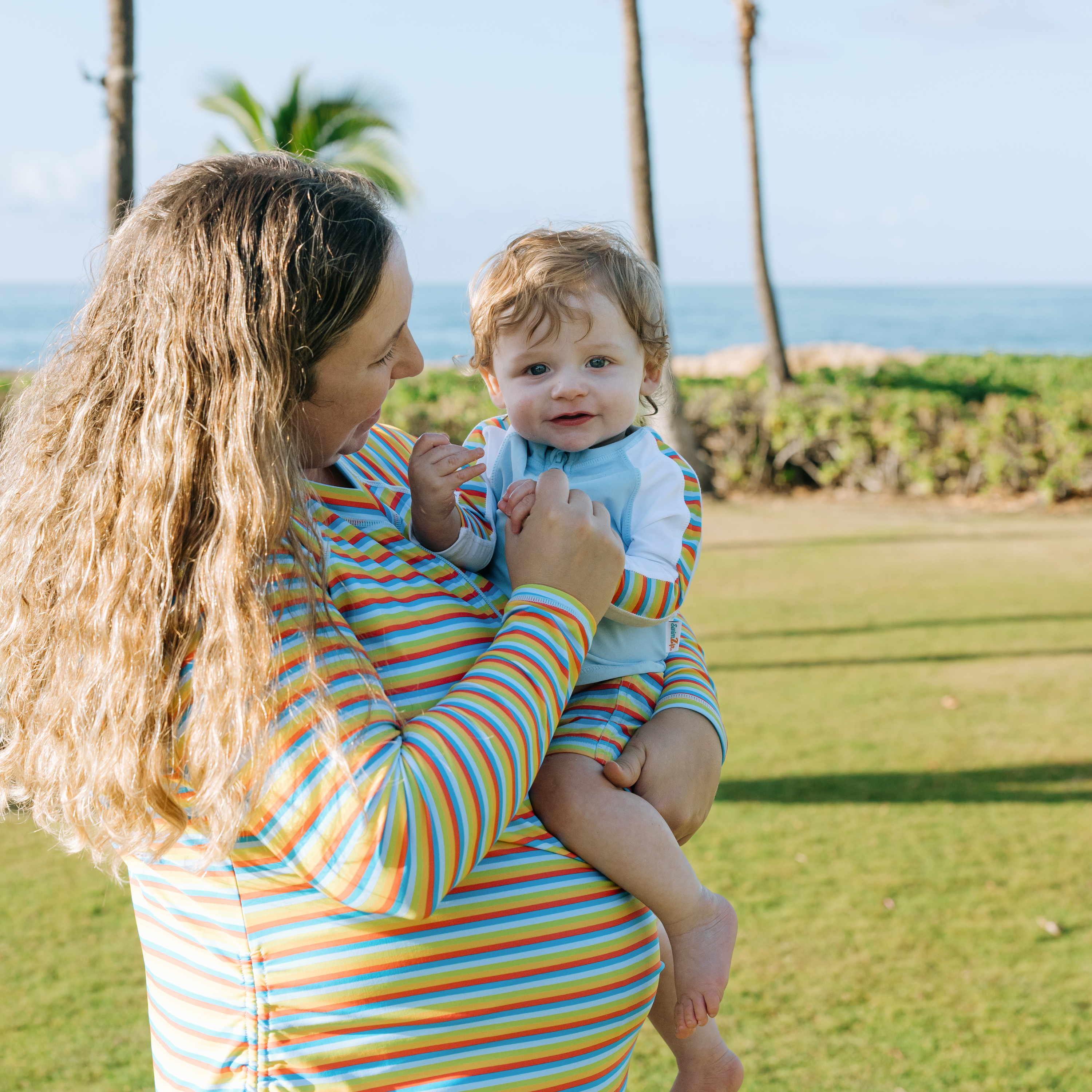 Women's Half Zip Swim Dress Cover Up | "Sunny Stripe"-SwimZip UPF 50+ Sun Protective Swimwear & UV Zipper Rash Guards-pos2