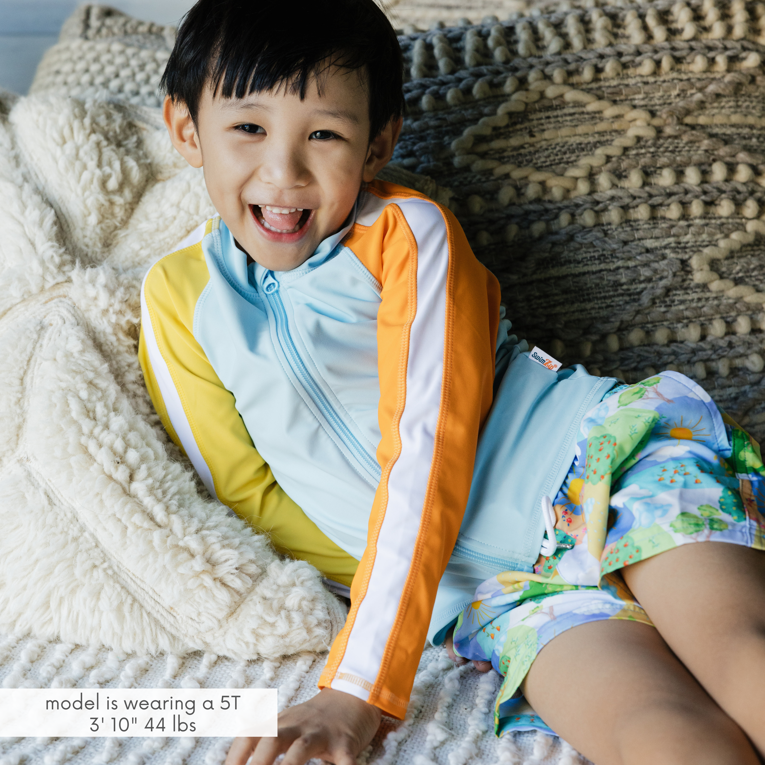 Boys Long Sleeve Zipper Rash Guard and Swim Trunk Set | "Sunshine"-SwimZip UPF 50+ Sun Protective Swimwear & UV Zipper Rash Guards-pos2