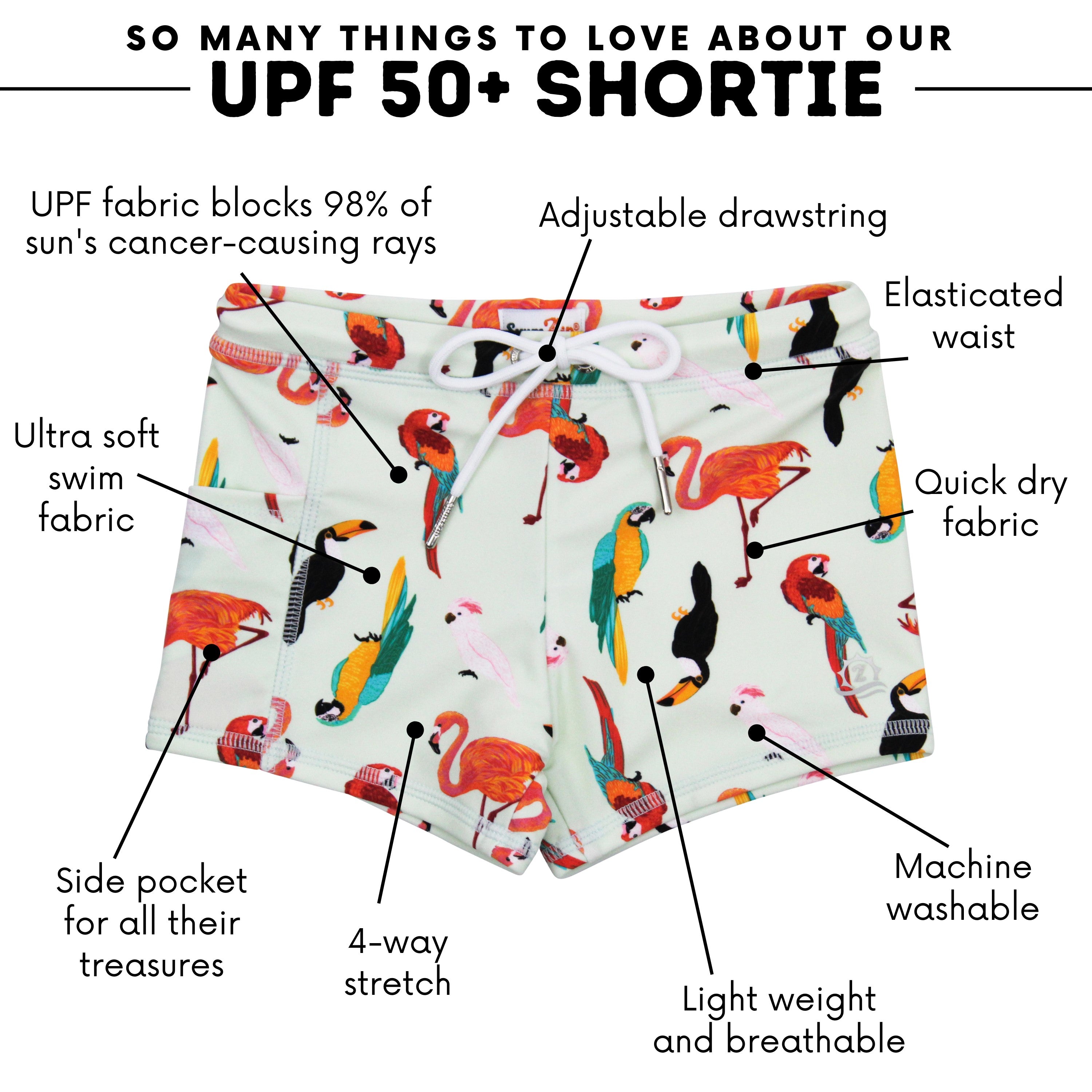 Kids Euro Swim Shorties | "Tropical Birds"-SwimZip UPF 50+ Sun Protective Swimwear & UV Zipper Rash Guards-pos4