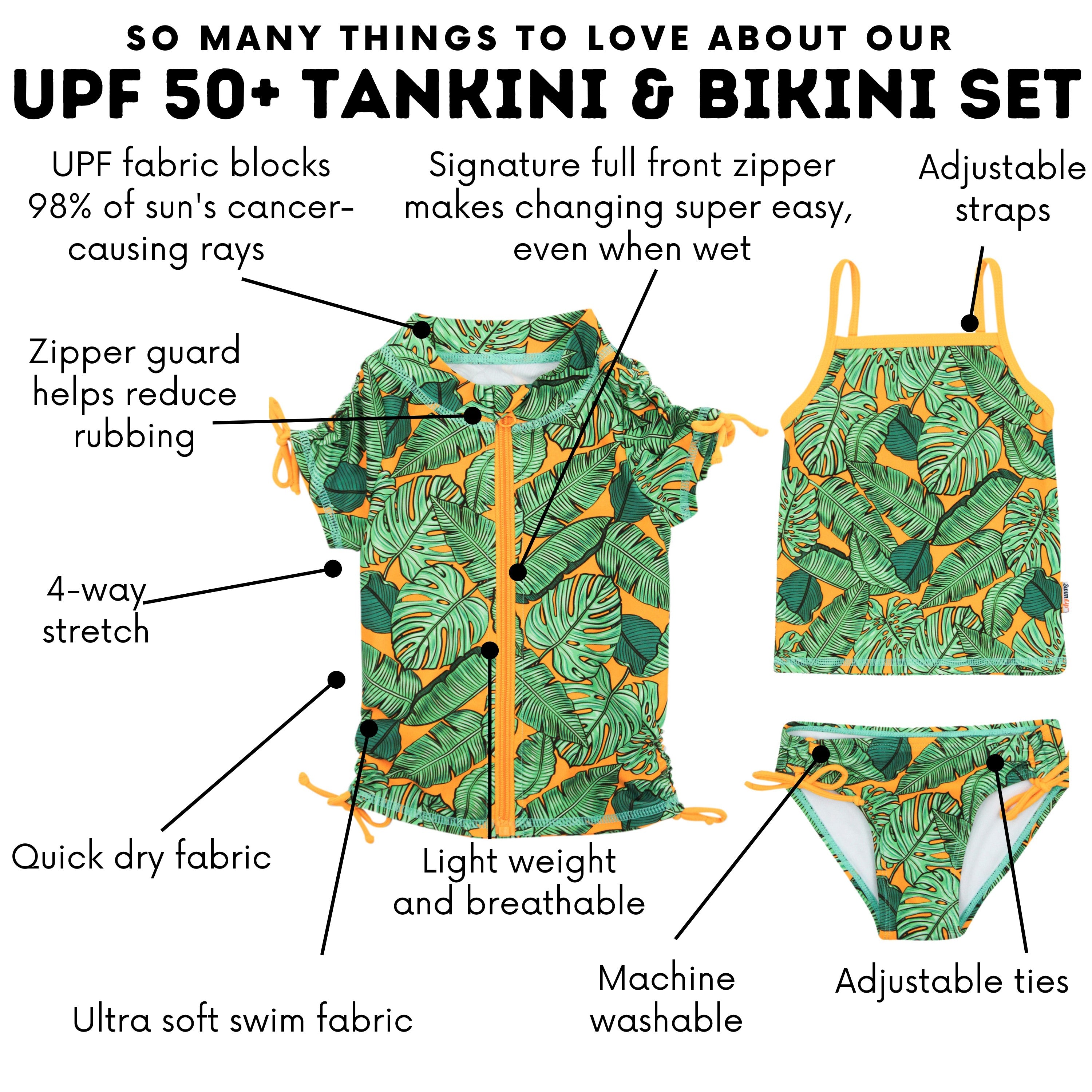 Girls Short Sleeve Rash Guard + Tankini Bikini Set (3 Piece) | "The Tropics”-SwimZip UPF 50+ Sun Protective Swimwear & UV Zipper Rash Guards-pos5