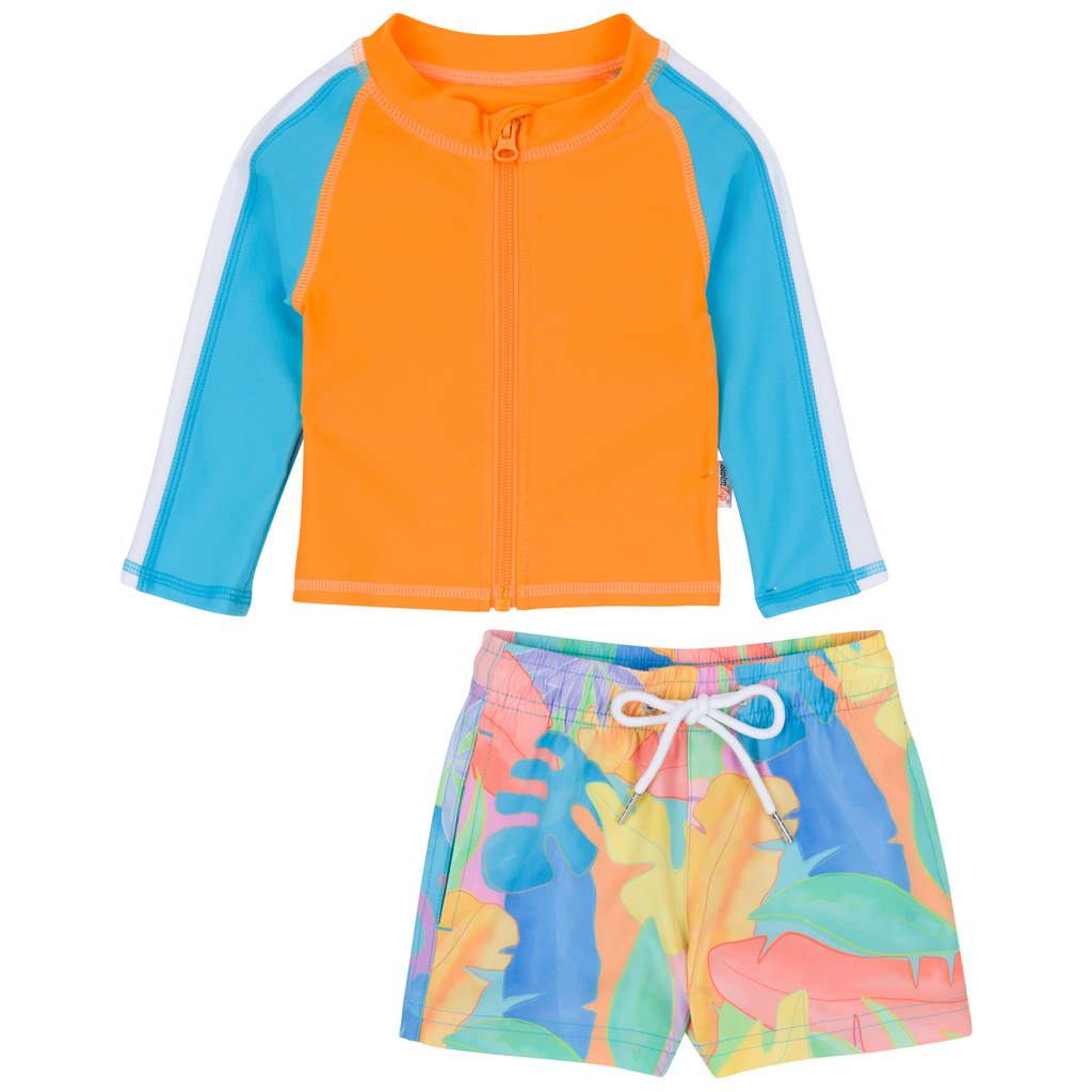 Boys Long Sleeve Zipper Rash Guard and Swim Trunk Set | 