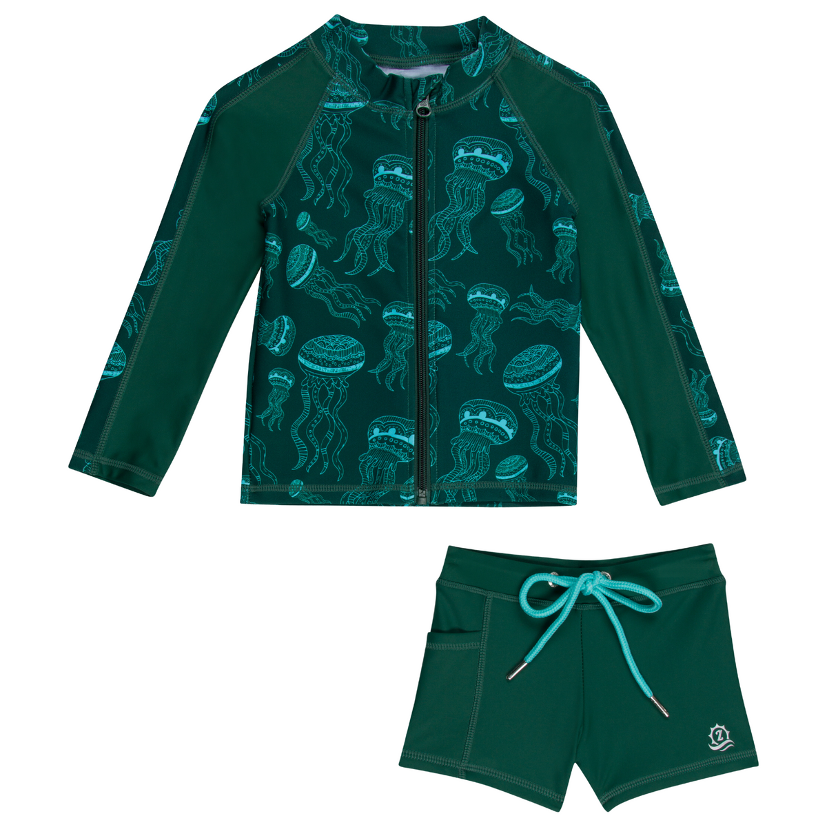 SwimZip Kid's Long Sleeve Rash Guard & Swim Shorties - Jellyfish Green