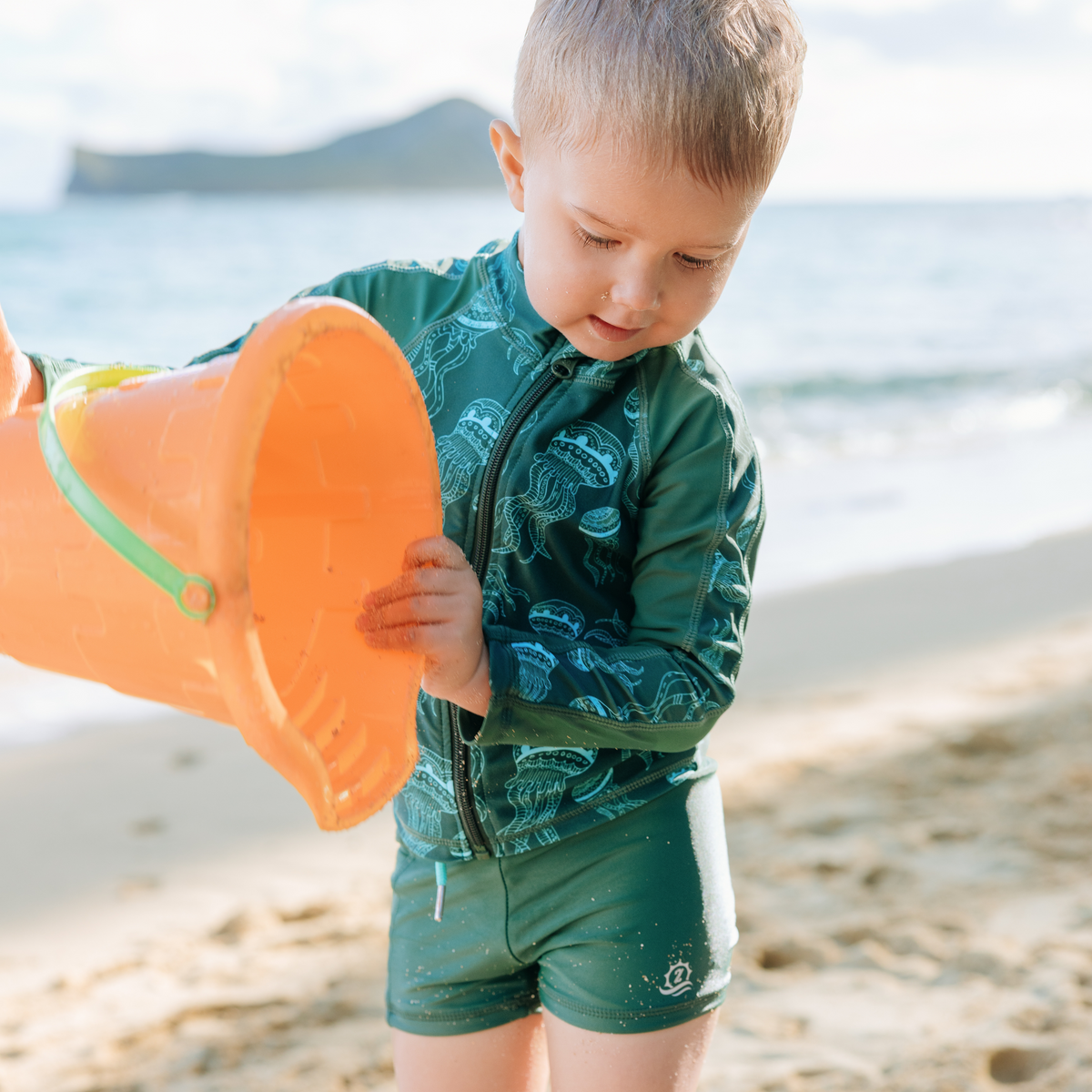 SwimZip Kid's Long Sleeve Rash Guard & Swim Shorties - Jellyfish Green