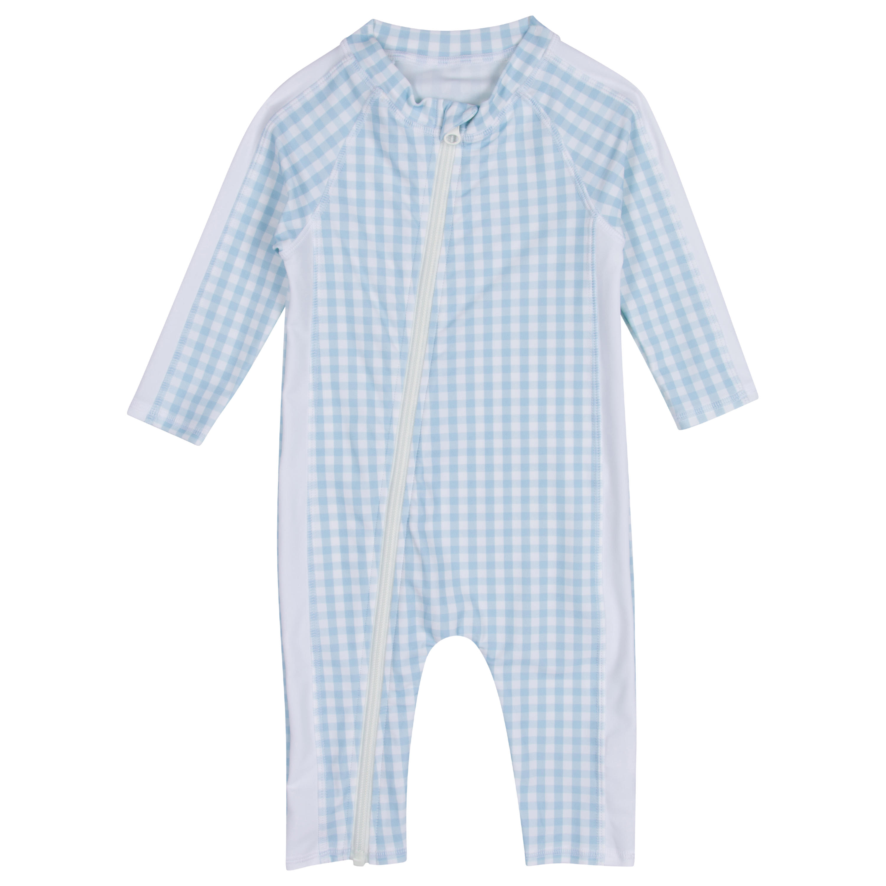 Sunsuit - Long Sleeve Romper Swimsuit | "Blue Gingham"-0-6 Month-Blue Gingham-SwimZip UPF 50+ Sun Protective Swimwear & UV Zipper Rash Guards-pos1