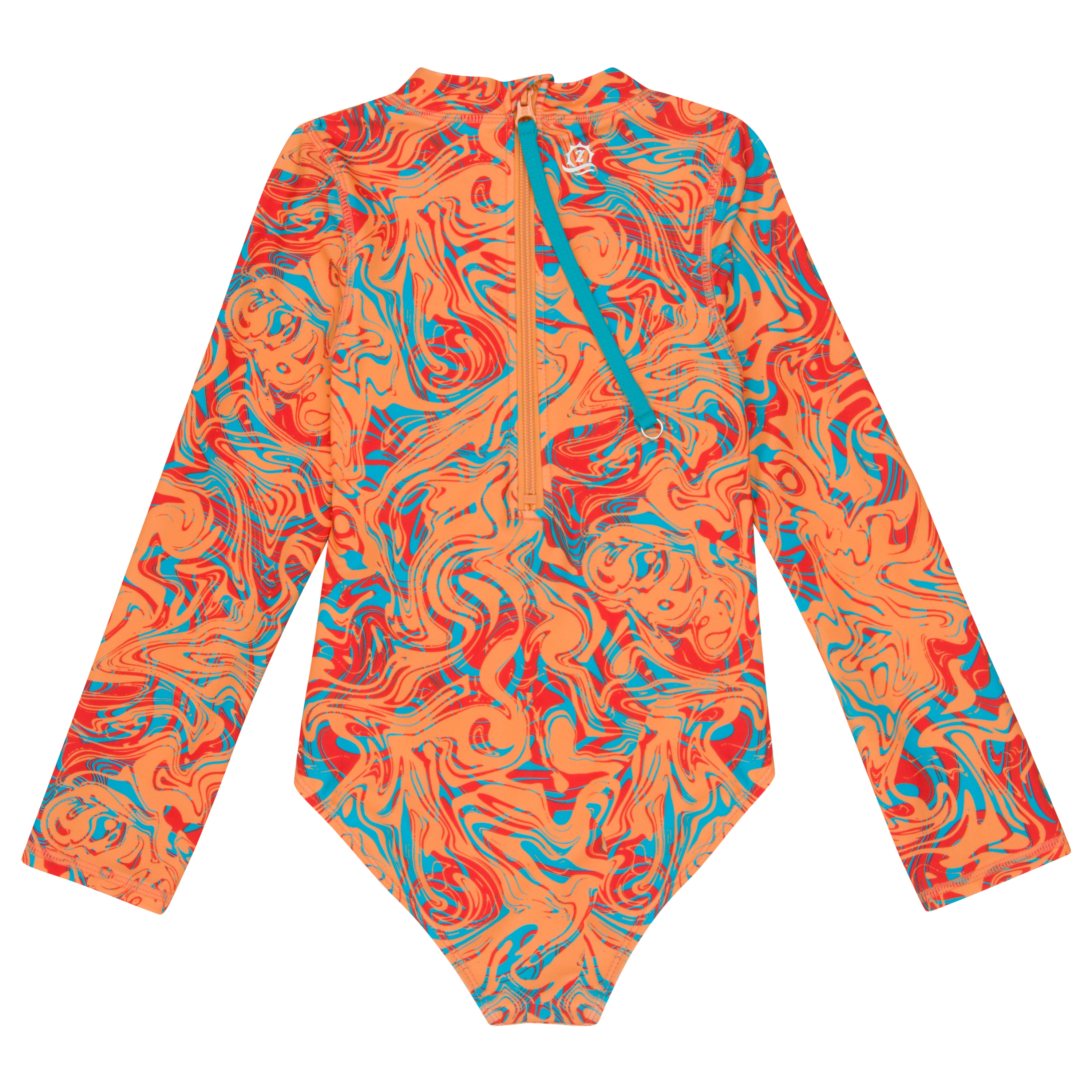 Girls Long Sleeve Surf Suit (One Piece Bodysuit) | "Swirl"-SwimZip UPF 50+ Sun Protective Swimwear & UV Zipper Rash Guards-pos12