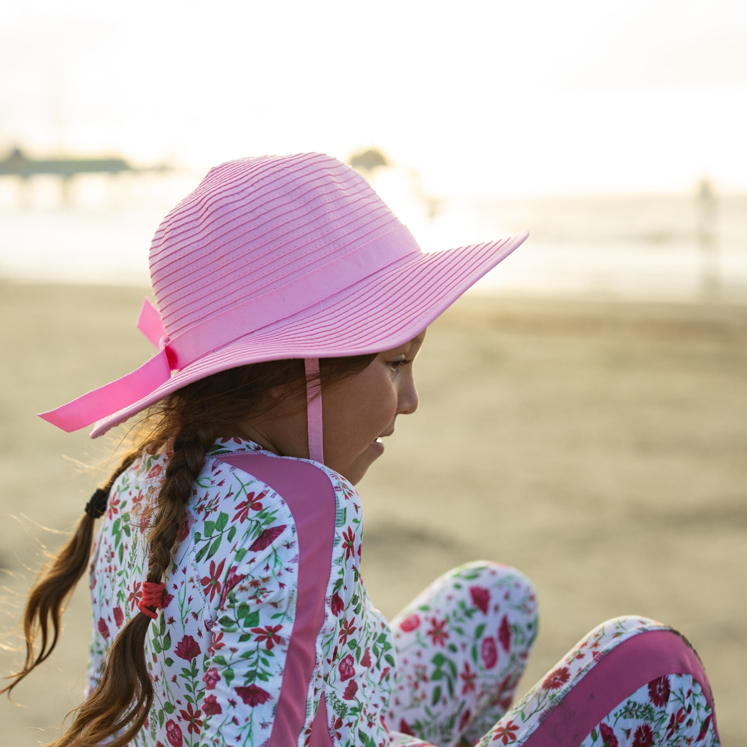 Girls Wide Brim Sun Hat - Pink-SwimZip UPF 50+ Sun Protective Swimwear & UV Zipper Rash Guards-pos11