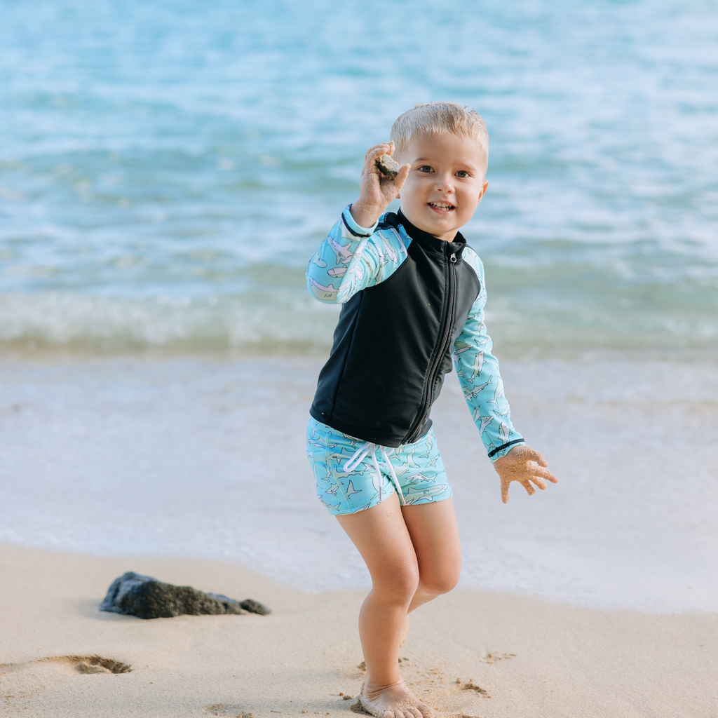 SwimZip Kid's Long Sleeve Rash Guard & Swim Shorties - Blue Sharks