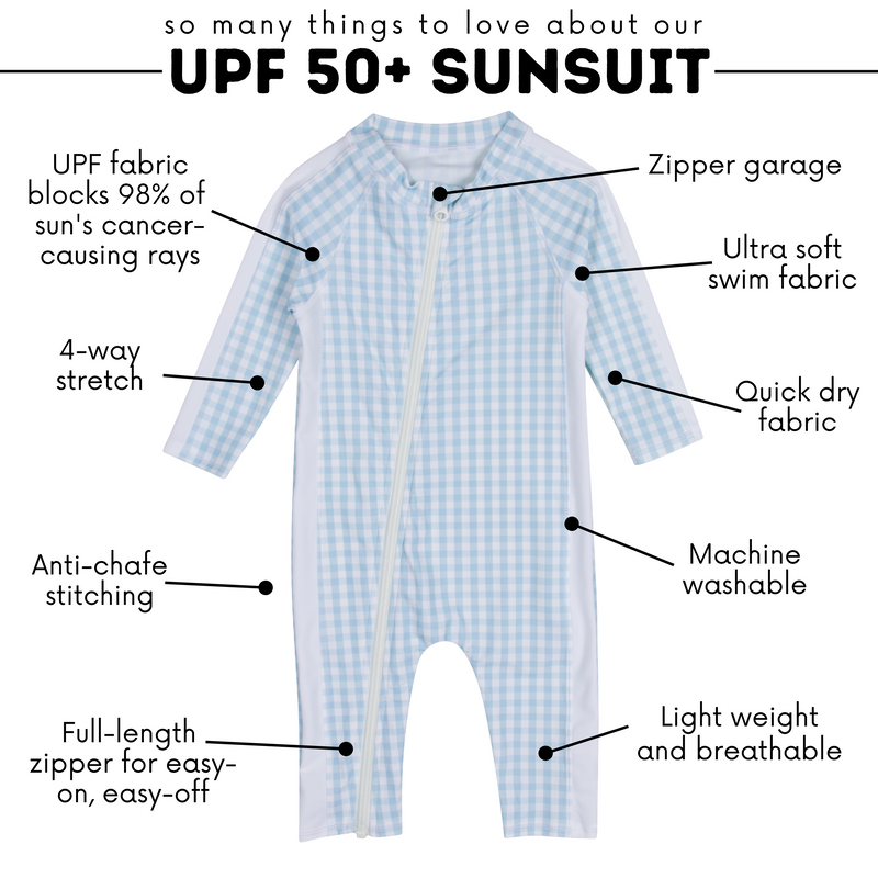 Sunsuit - Long Sleeve Romper Swimsuit | "Blue Gingham"-SwimZip UPF 50+ Sun Protective Swimwear & UV Zipper Rash Guards-pos7