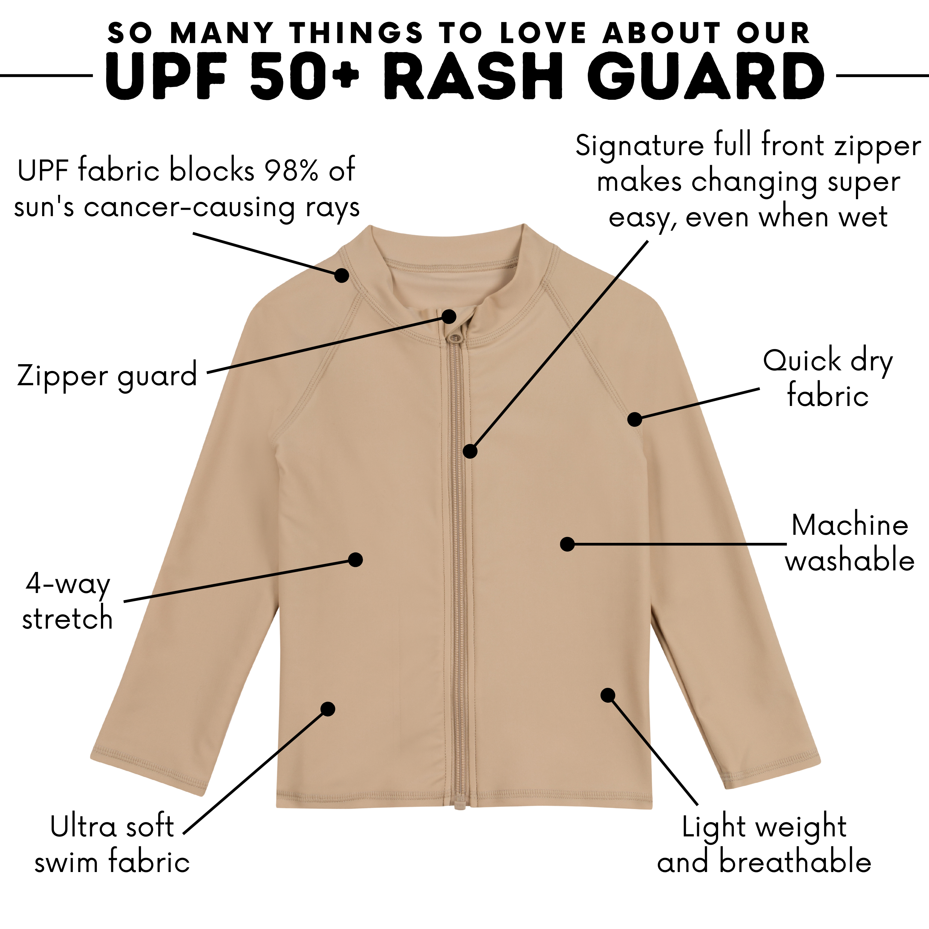 Kids UPF 50+ Long Sleeve Zipper Rash Guard Swim Shirt | Sandy Beach