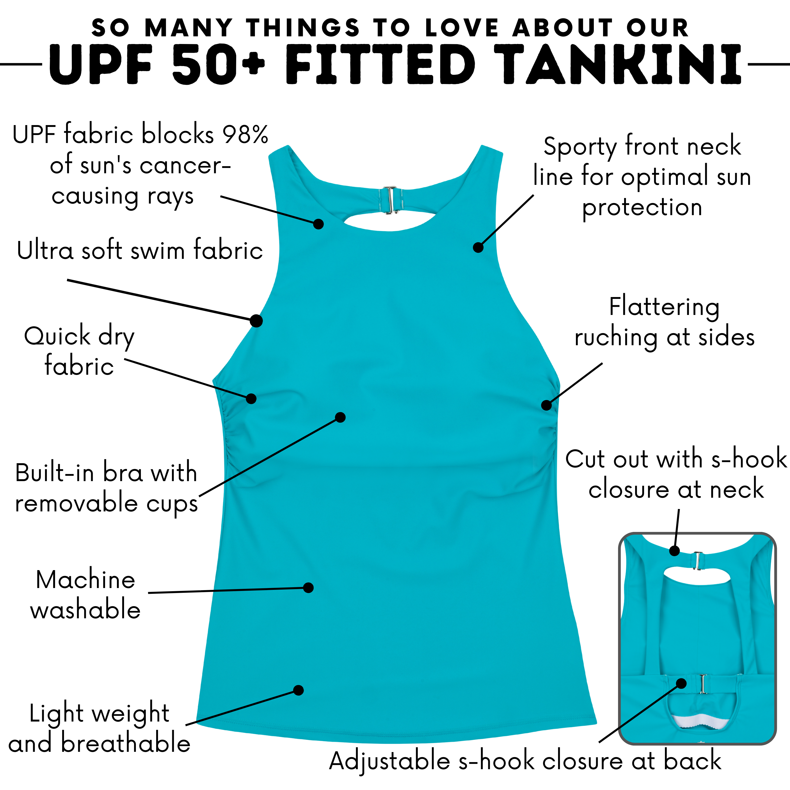 Women’s High Neck Fitted Tankini Top | “Scuba Blue”-SwimZip UPF 50+ Sun Protective Swimwear & UV Zipper Rash Guards-pos4