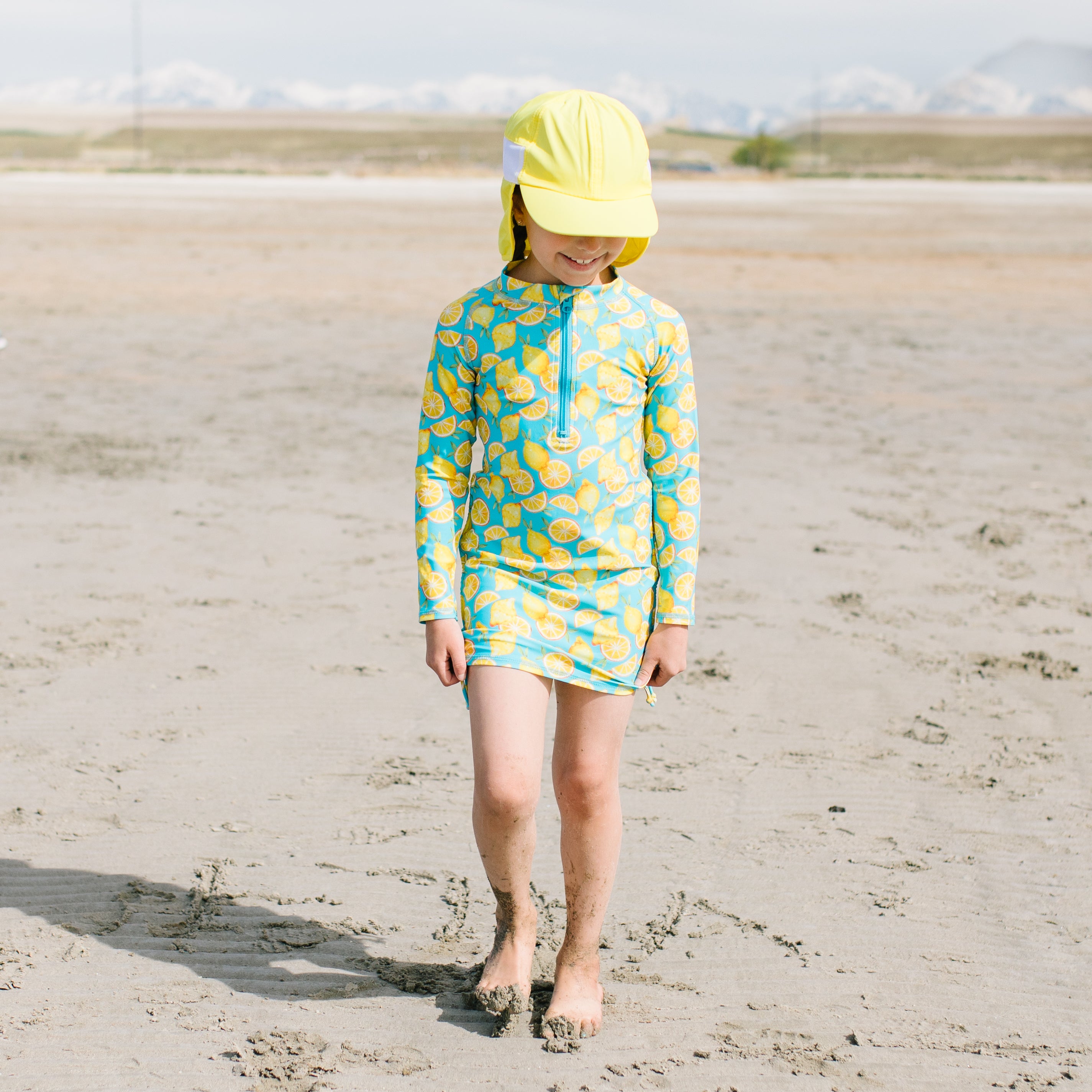 Girls Long Sleeve Swim Dress Cover Up | "Lemons"-SwimZip UPF 50+ Sun Protective Swimwear & UV Zipper Rash Guards-pos6