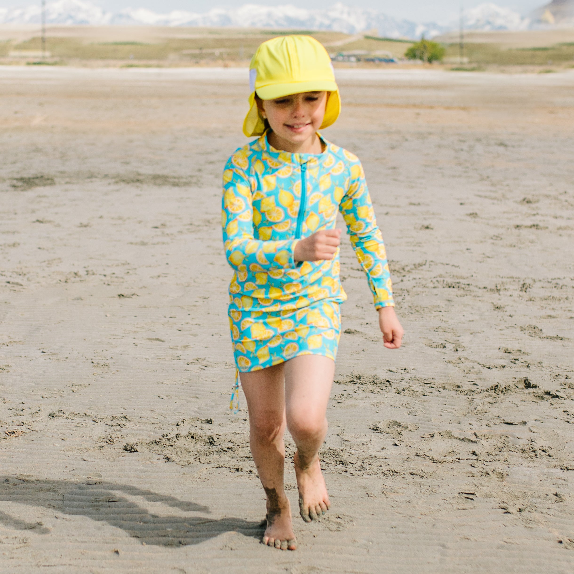 Girls Long Sleeve Swim Dress Cover Up | "Lemons"-SwimZip UPF 50+ Sun Protective Swimwear & UV Zipper Rash Guards-pos7