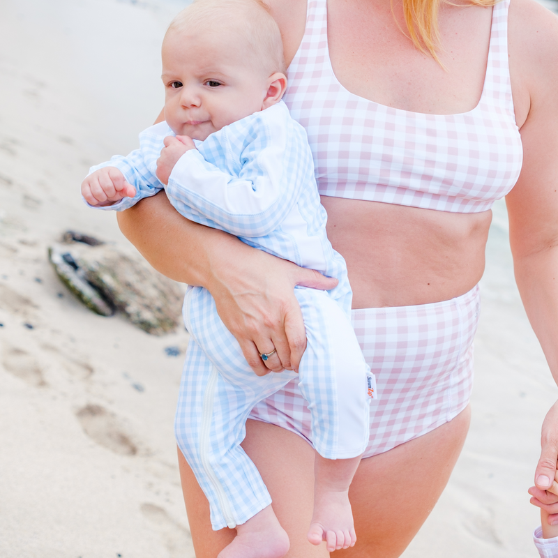 Sunsuit - Long Sleeve Romper Swimsuit | "Blue Gingham"-SwimZip UPF 50+ Sun Protective Swimwear & UV Zipper Rash Guards-pos4