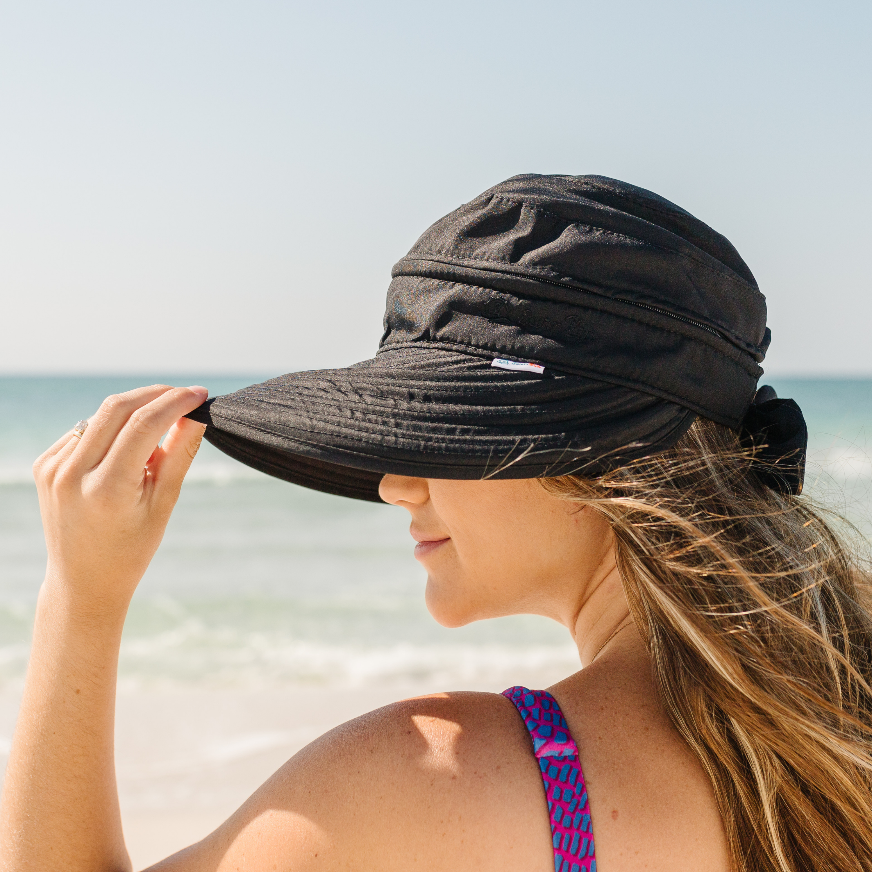 Women's Zip Off Adjustable Sun Visor + Sun Hat - Black-Adult-Black-SwimZip UPF 50+ Sun Protective Swimwear & UV Zipper Rash Guards-pos3