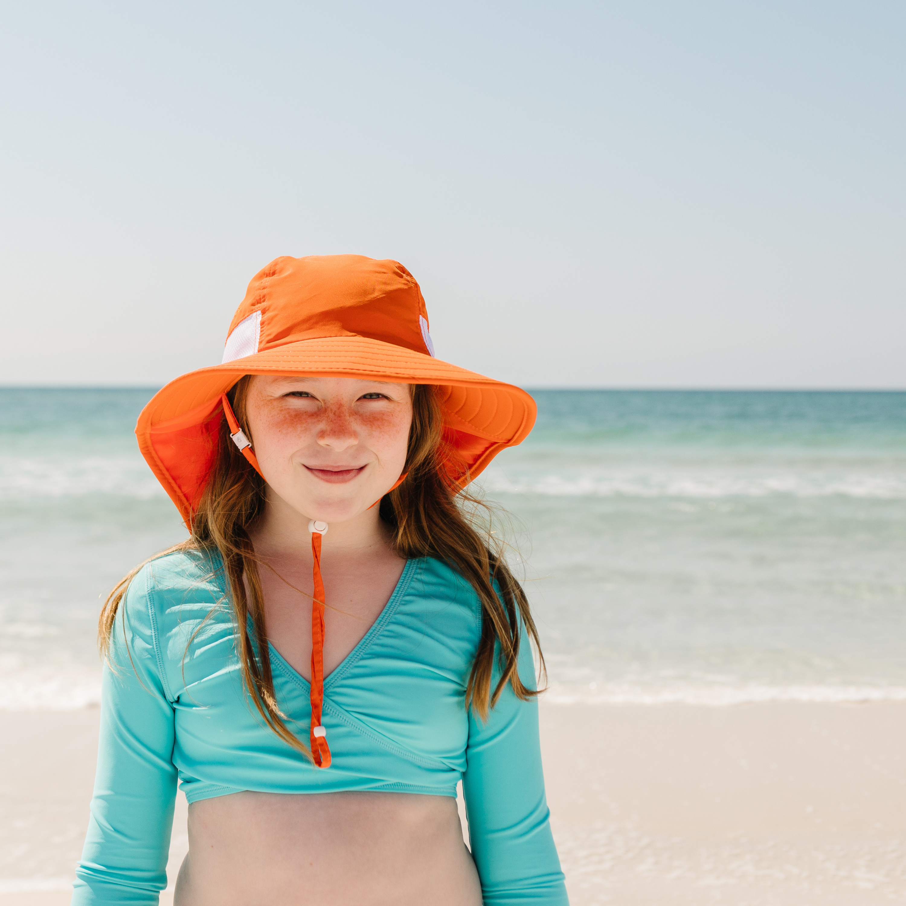 Kids Wide Brim + Flap Neck Sun Protective Adventure Hat - Orange-SwimZip UPF 50+ Sun Protective Swimwear & UV Zipper Rash Guards-pos2