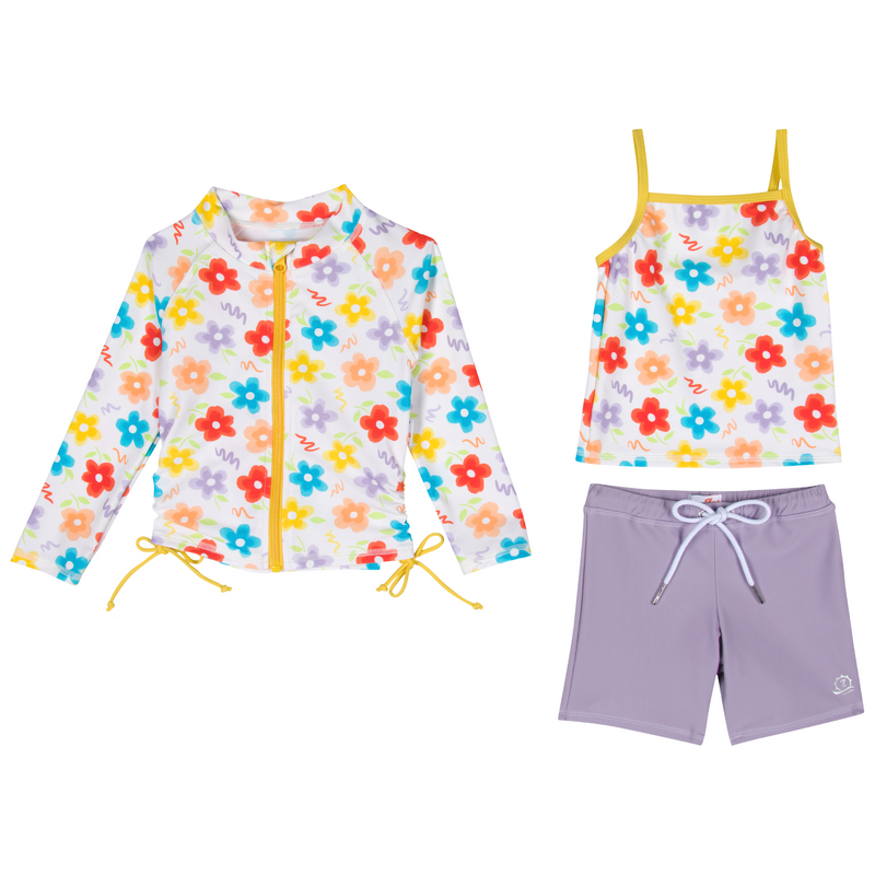 Girls Long Sleeve Rash Guard + Tankini Shorts Set (3 Piece) | "Blossom"-2T-Blossom-SwimZip UPF 50+ Sun Protective Swimwear & UV Zipper Rash Guards-pos1