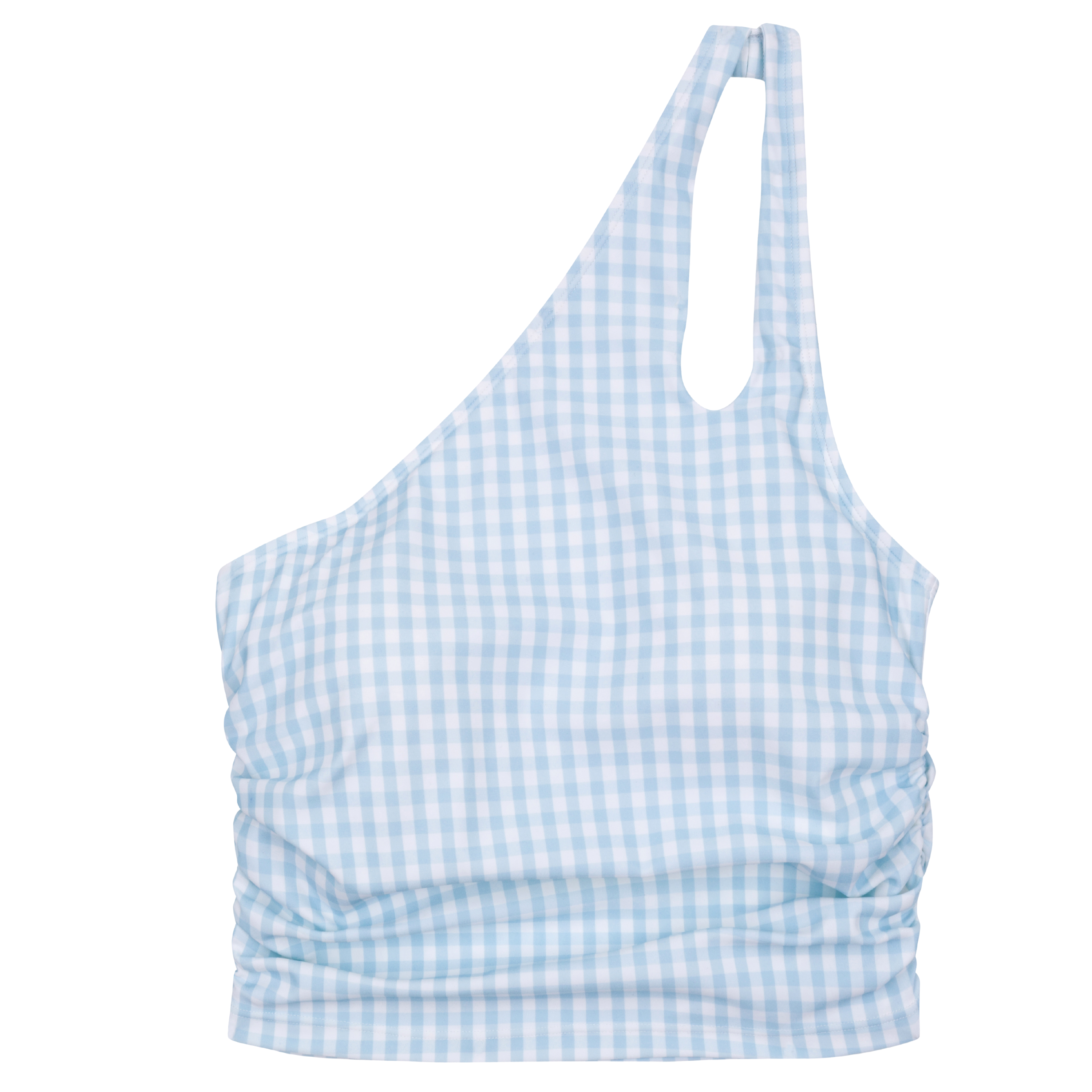 Women’s One Shoulder Crop Tankini Top | “Blue Gingham”-XS-Blue Gingham-SwimZip UPF 50+ Sun Protective Swimwear & UV Zipper Rash Guards-pos1