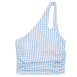 Women’s One Shoulder Crop Bikini Top | “Blue Gingham”-XS-Blue Gingham-SwimZip UPF 50+ Sun Protective Swimwear & UV Zipper Rash Guards-pos1