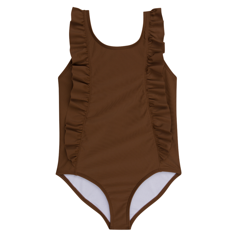 Girls Ruffle One-Piece Swimsuit | "Too Sweet" Cold Brew-6-12 Month-Cold Brew-SwimZip UPF 50+ Sun Protective Swimwear & UV Zipper Rash Guards-pos1