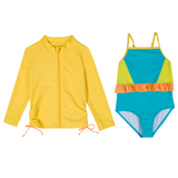 Girls One-Piece Swimsuit + Long Sleeve Rash Guard Set (2 Piece) | "Color Pop"-6-12 Month-Color Pop-SwimZip UPF 50+ Sun Protective Swimwear & UV Zipper Rash Guards-pos1