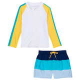 Boys Long Sleeve Zipper Rash Guard and Swim Trunk Set | "Color Pop"-0-3 Month-Color Pop-SwimZip UPF 50+ Sun Protective Swimwear & UV Zipper Rash Guards-pos1