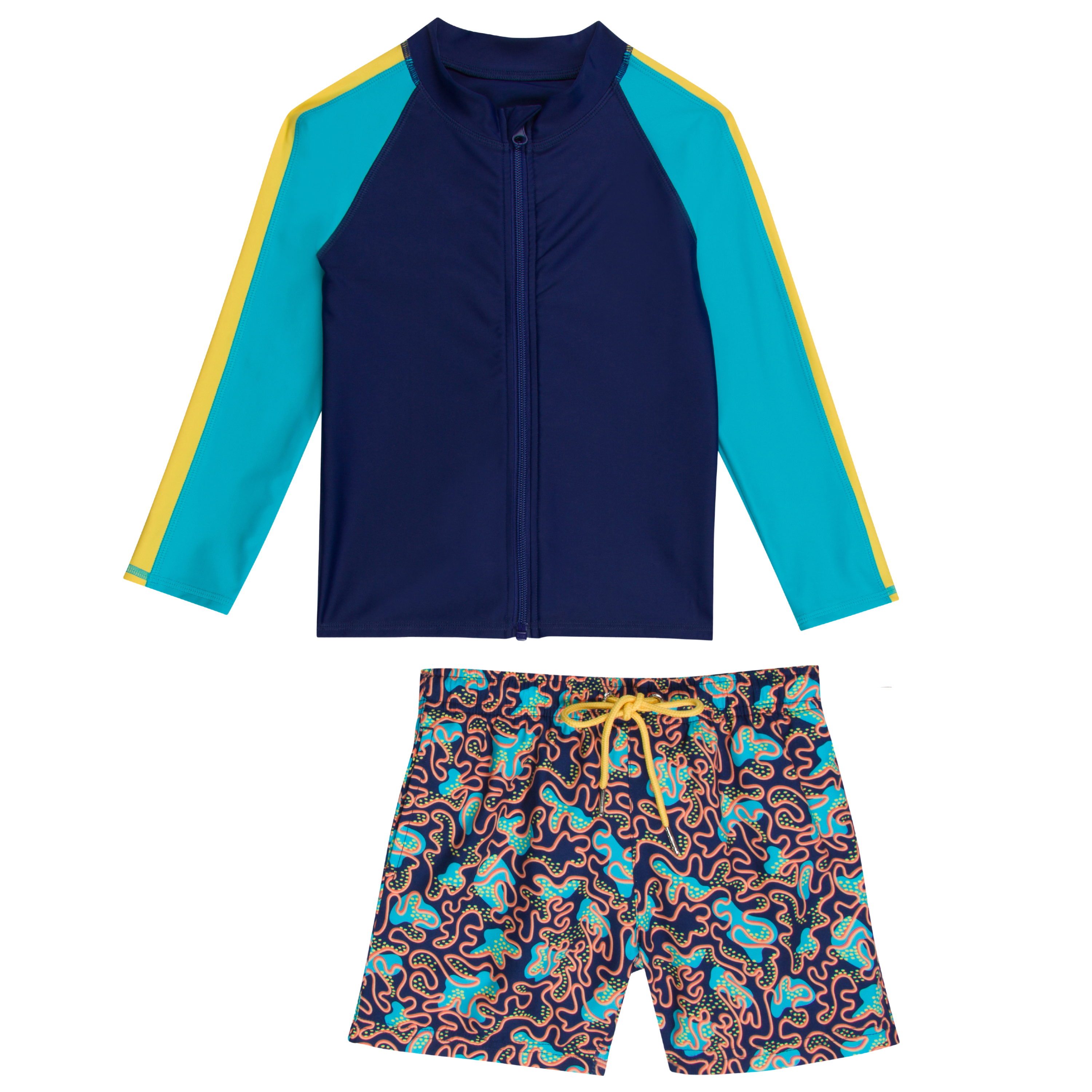 Boys Long Sleeve Zipper Rash Guard and Swim Trunk Set | "Deep Dive"-6-12 Month-Deep Dive-SwimZip UPF 50+ Sun Protective Swimwear & UV Zipper Rash Guards-pos1