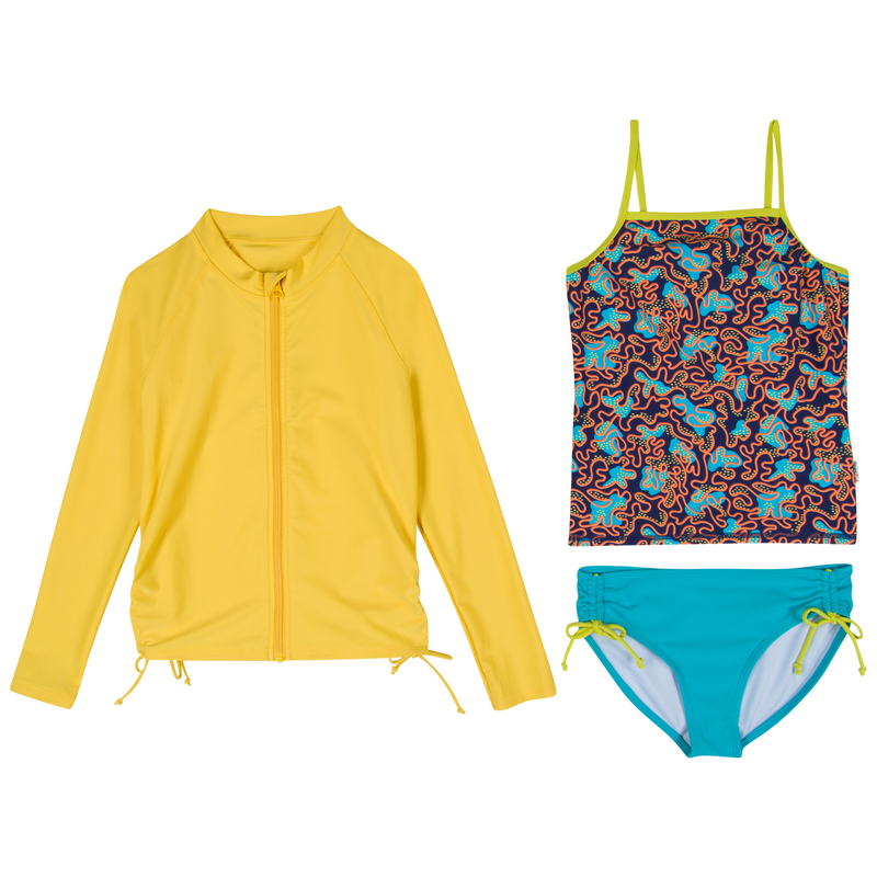 Girls Long Sleeve Rash Guard + Tankini Bikini Set (3 Piece) | "Deep Dive"-6-8-Deep Dive-SwimZip UPF 50+ Sun Protective Swimwear & UV Zipper Rash Guards-pos1