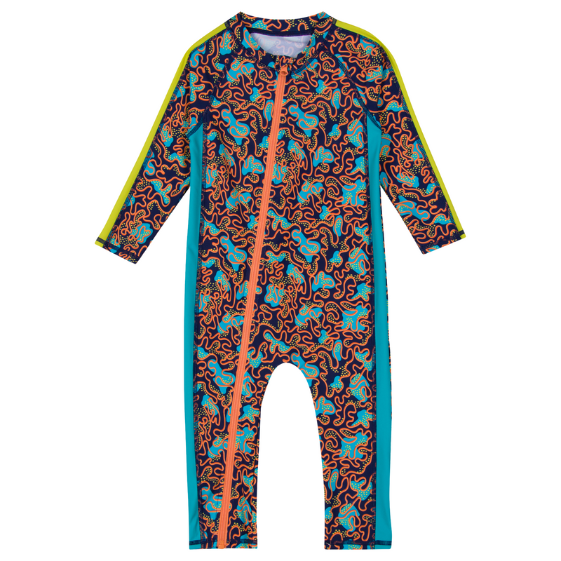 Sunsuit - Long Sleeve Romper Swimsuit | "Deep Dive"-0-6 Month-Deep Dive-SwimZip UPF 50+ Sun Protective Swimwear & UV Zipper Rash Guards-pos1