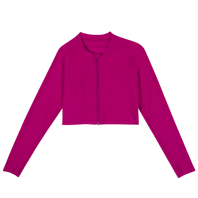 Women's Long Sleeve Crop Rash Guard | “Fuchsia Festival”-XS-Fuchsia Festival-SwimZip UPF 50+ Sun Protective Swimwear & UV Zipper Rash Guards-pos1