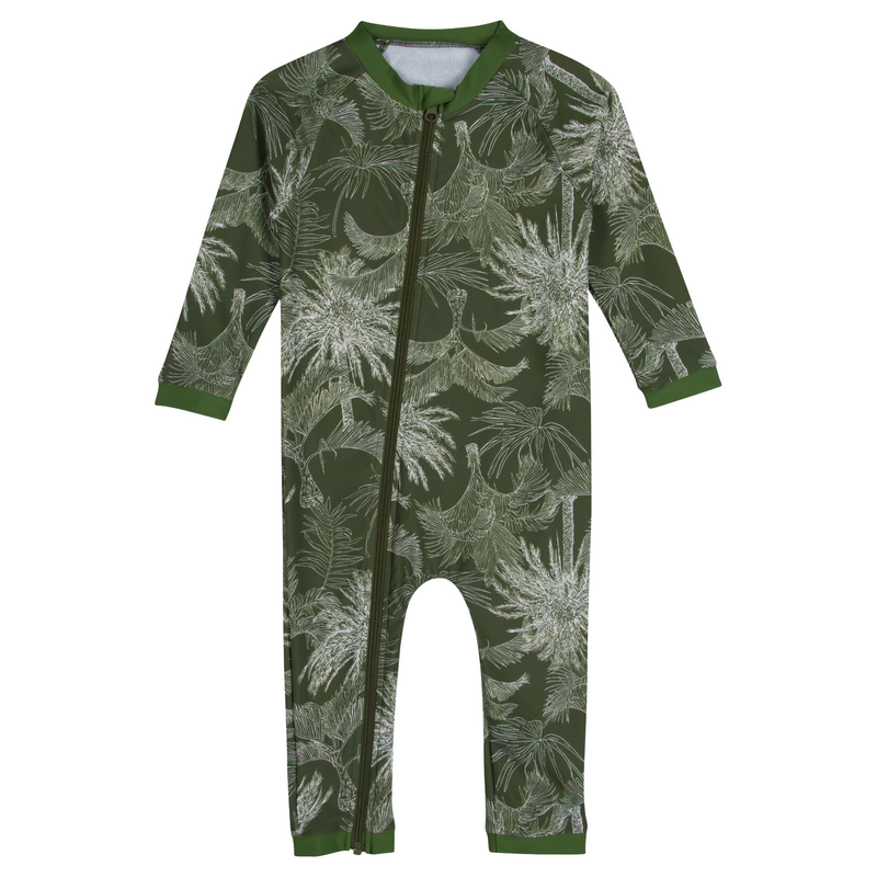 Sunsuit - Long Sleeve Romper Swimsuit | "Hawaiian Rainforest"-0-6 Month-Hawaiian Rainforest-SwimZip UPF 50+ Sun Protective Swimwear & UV Zipper Rash Guards-pos1