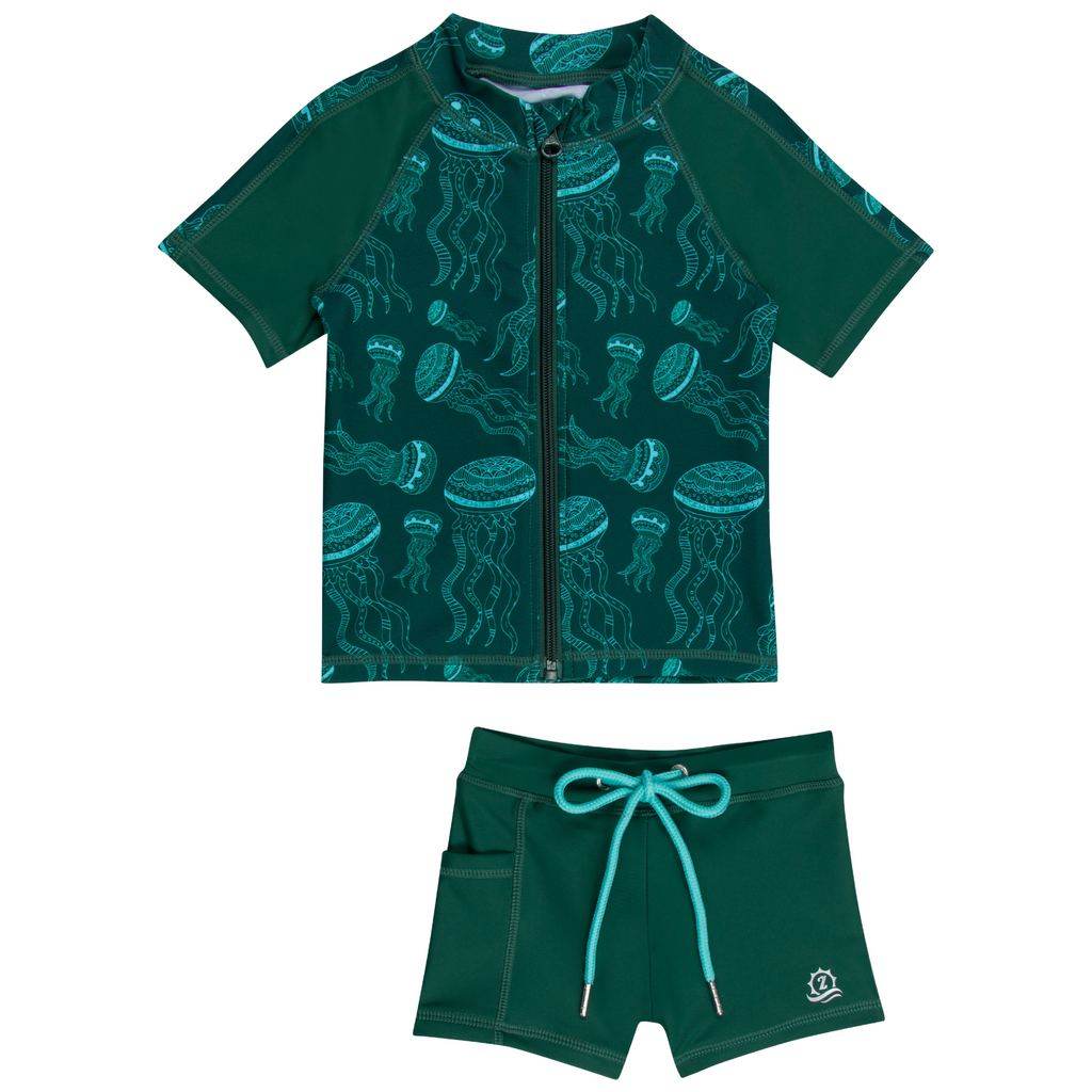 SwimZip Kid's Short Sleeve Rash Guard & Swim Shorties Jellyfish