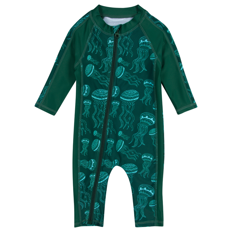 SwimZip Boy's Long Sleeve Sunsuit One-Piece Romper - Green Jellyfish