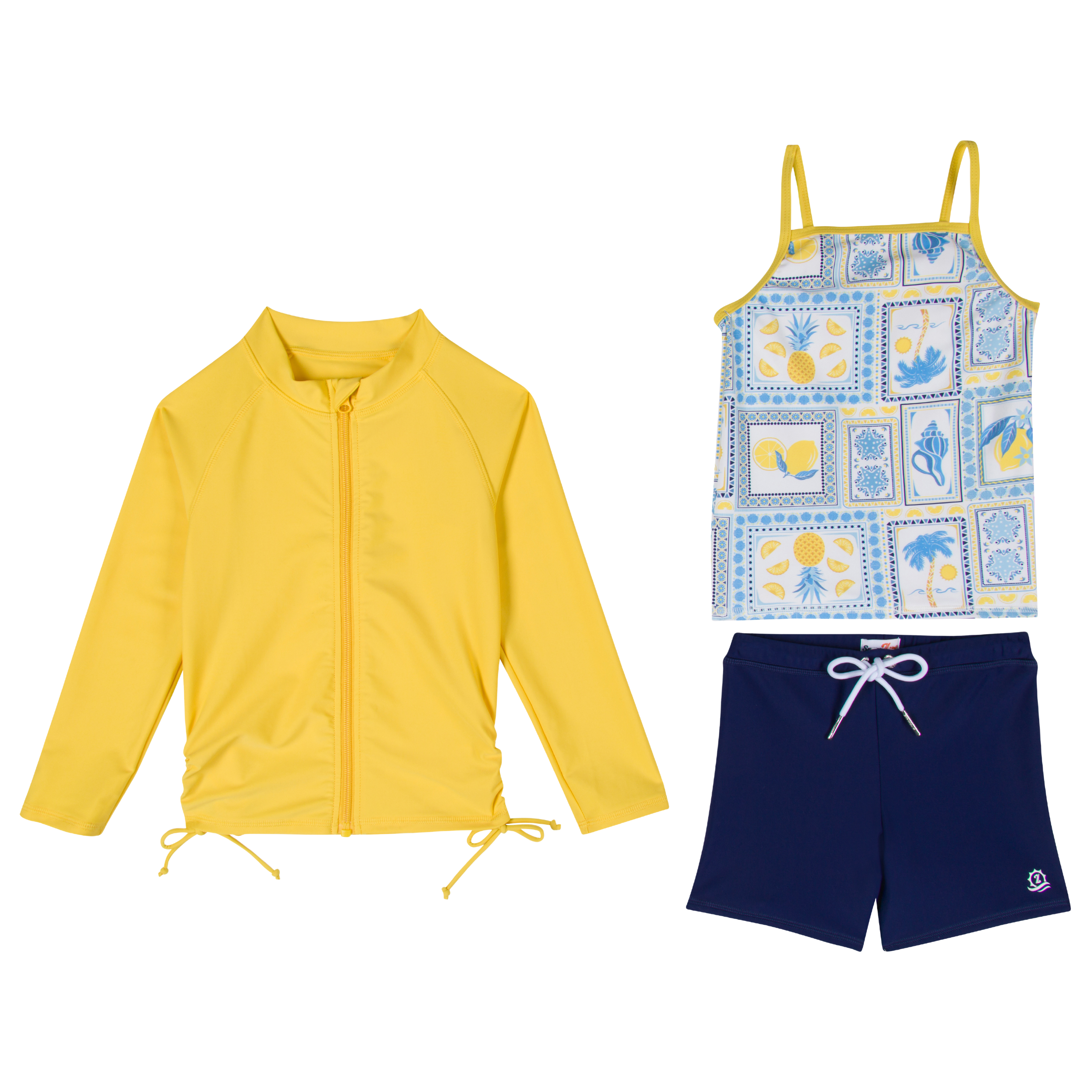 Girls Long Sleeve Rash Guard + Tankini Shorts Set (3 Piece) | "Mediterranean Lemons"-2T-Mediterranean Lemons-SwimZip UPF 50+ Sun Protective Swimwear & UV Zipper Rash Guards-pos1