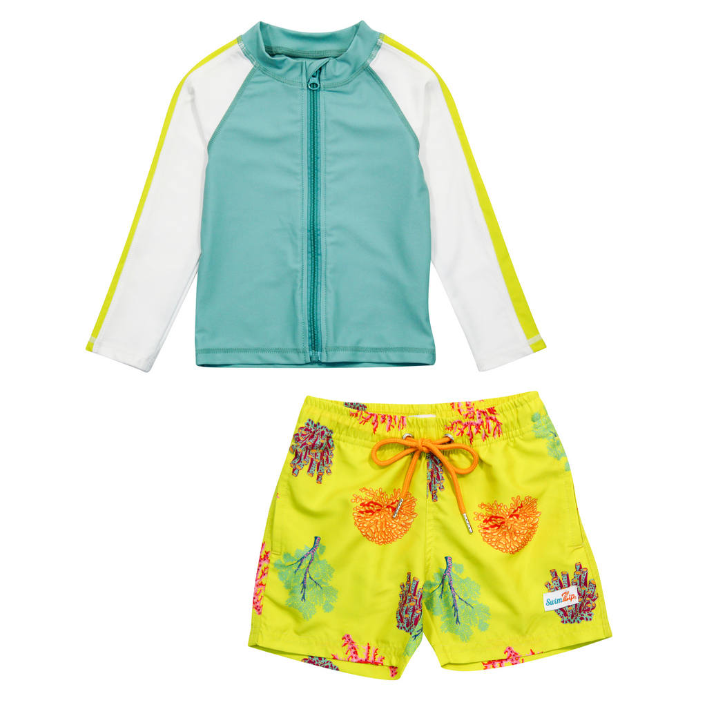 Set: Long-Sleeve Contrast Trim Zip Rashguard + Swim Shorts